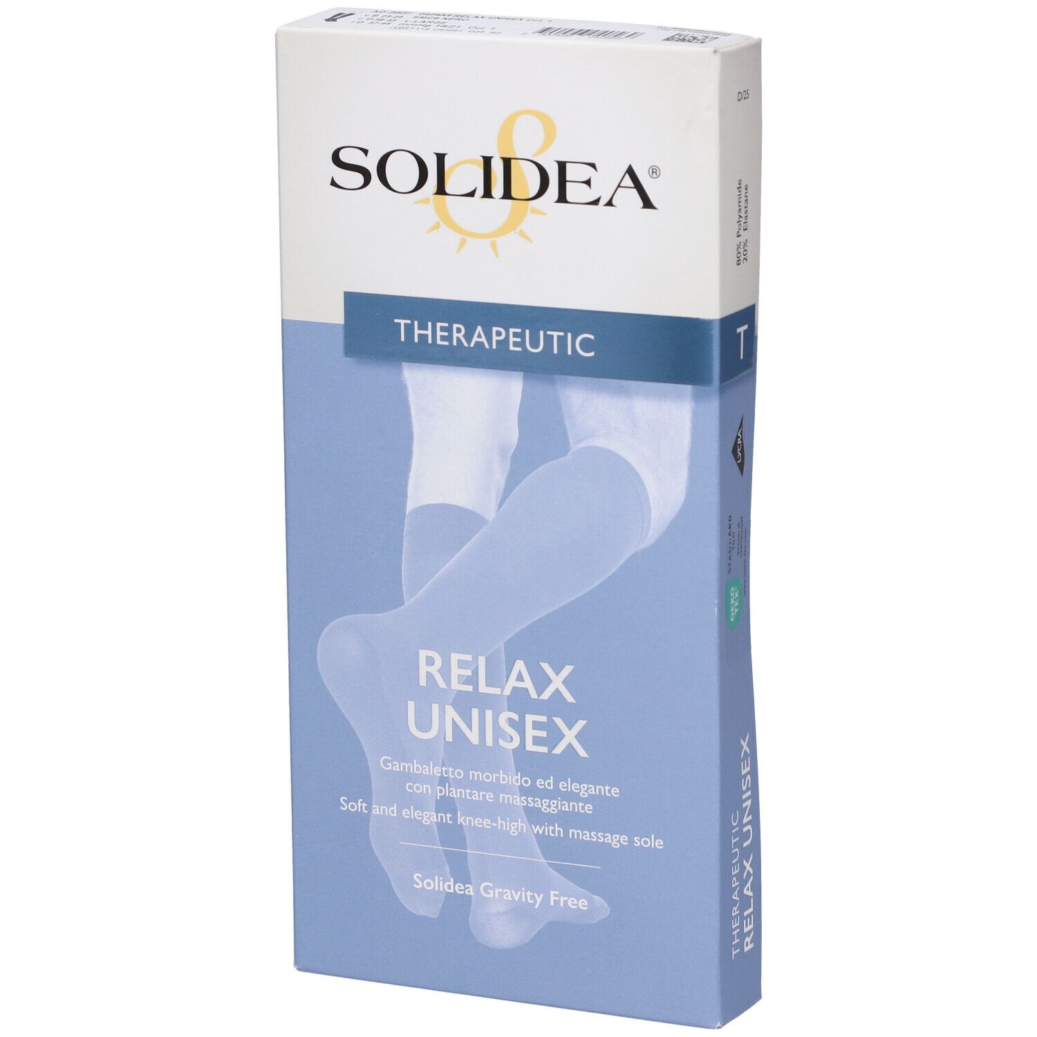 Confezione SOLIDEA RELAX UNISEX. Scritta THERAPEUTIC. Immagine di gambe con calze. Descrizione prodotto in italiano e inglese.