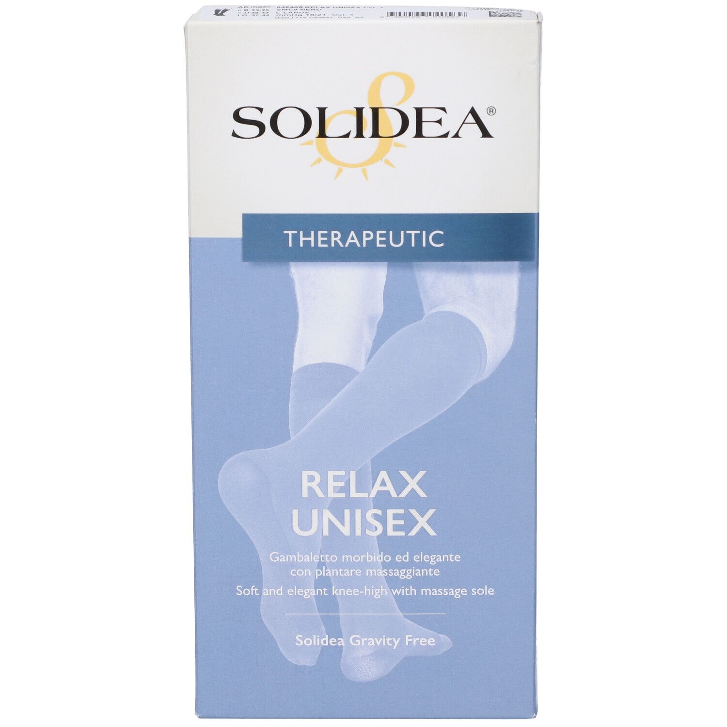 Confezione SOLIDEA RELAX UNISEX. Scritta THERAPEUTIC. Immagine di gambe con calze. Descrizione prodotto in italiano e inglese.