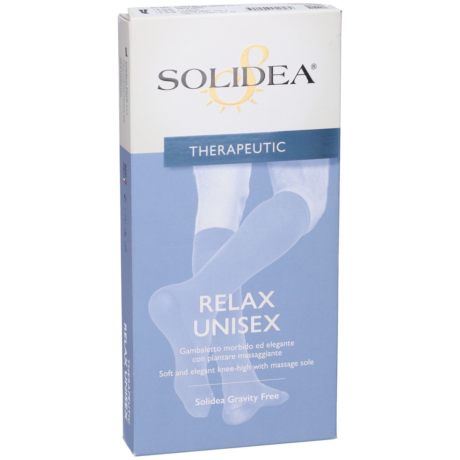 Confezione SOLIDEA RELAX UNISEX. Scritta THERAPEUTIC. Immagine di gambe con calze. Descrizione prodotto in italiano e inglese.