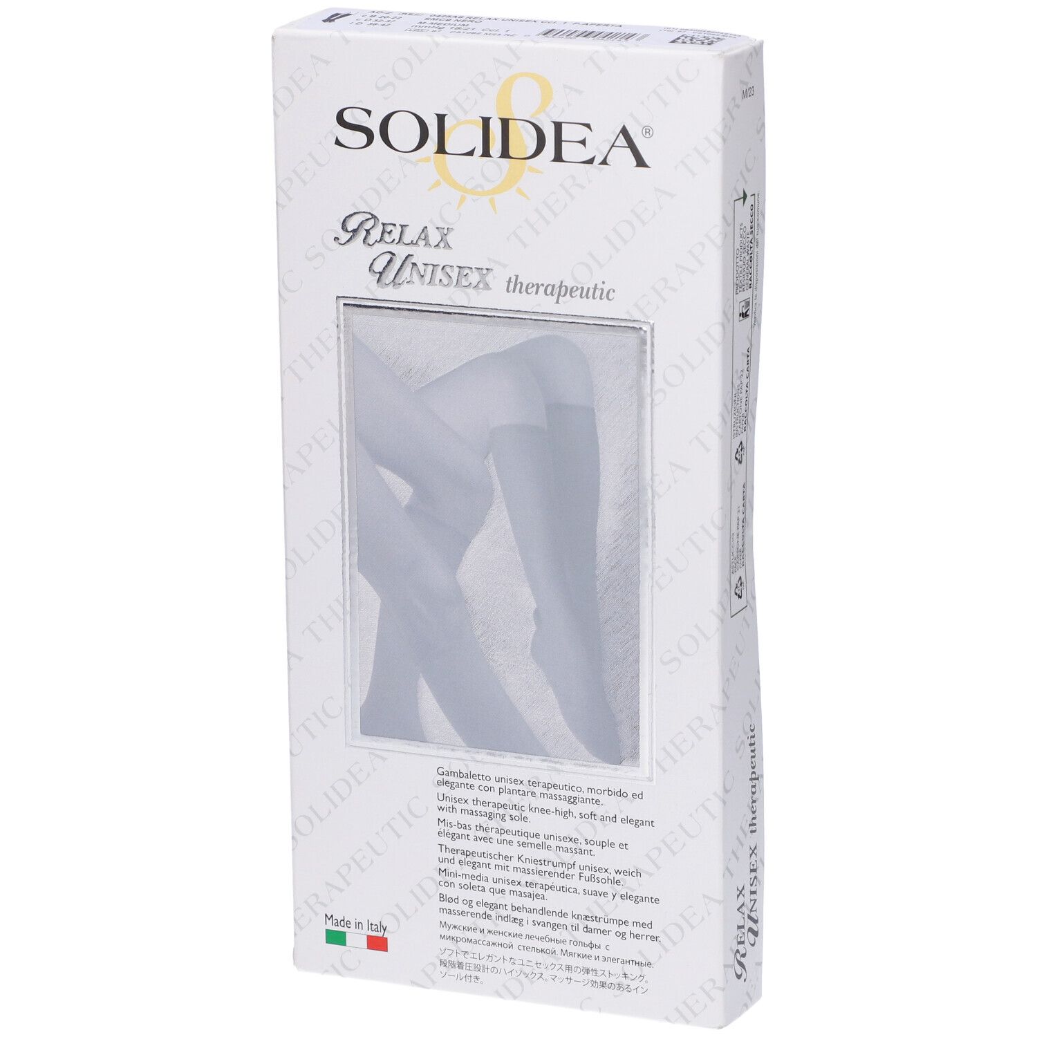 Confezione, SOLIDEA RELAX UNISEX therapeutic. Immagine del prodotto. Bandiera italiana. Vista angolata.