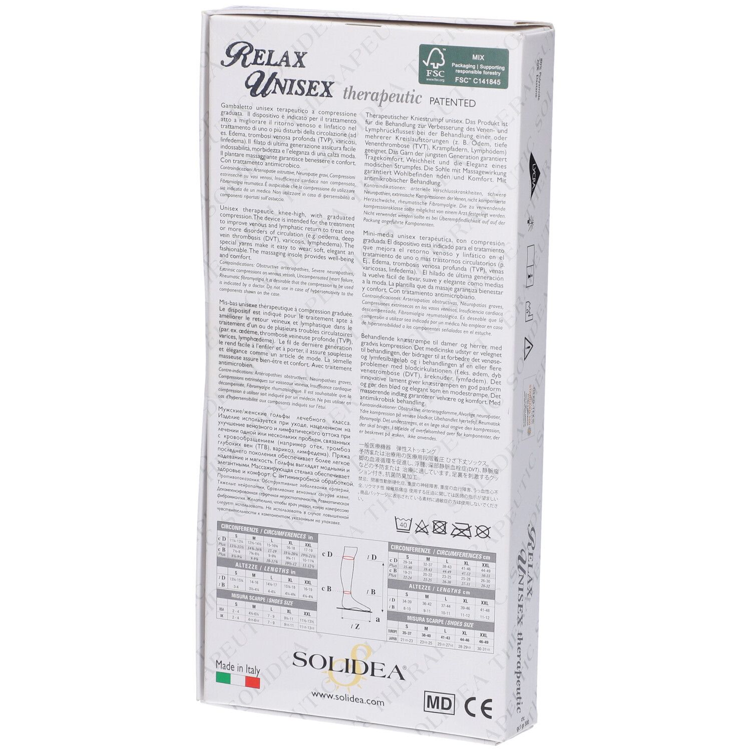 Confezione, SOLIDEA RELAX UNISEX therapeutic. Retro con testo, tabella taglie e pittogrammi. Marchio CE.