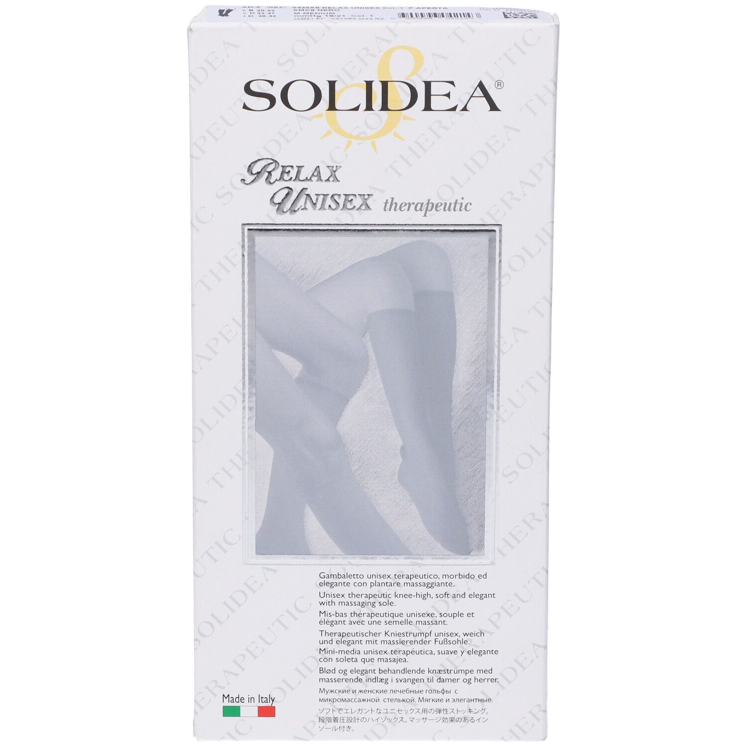 Confezione, SOLIDEA RELAX UNISEX therapeutic. Immagine del prodotto. Bandiera italiana. Vista angolata.