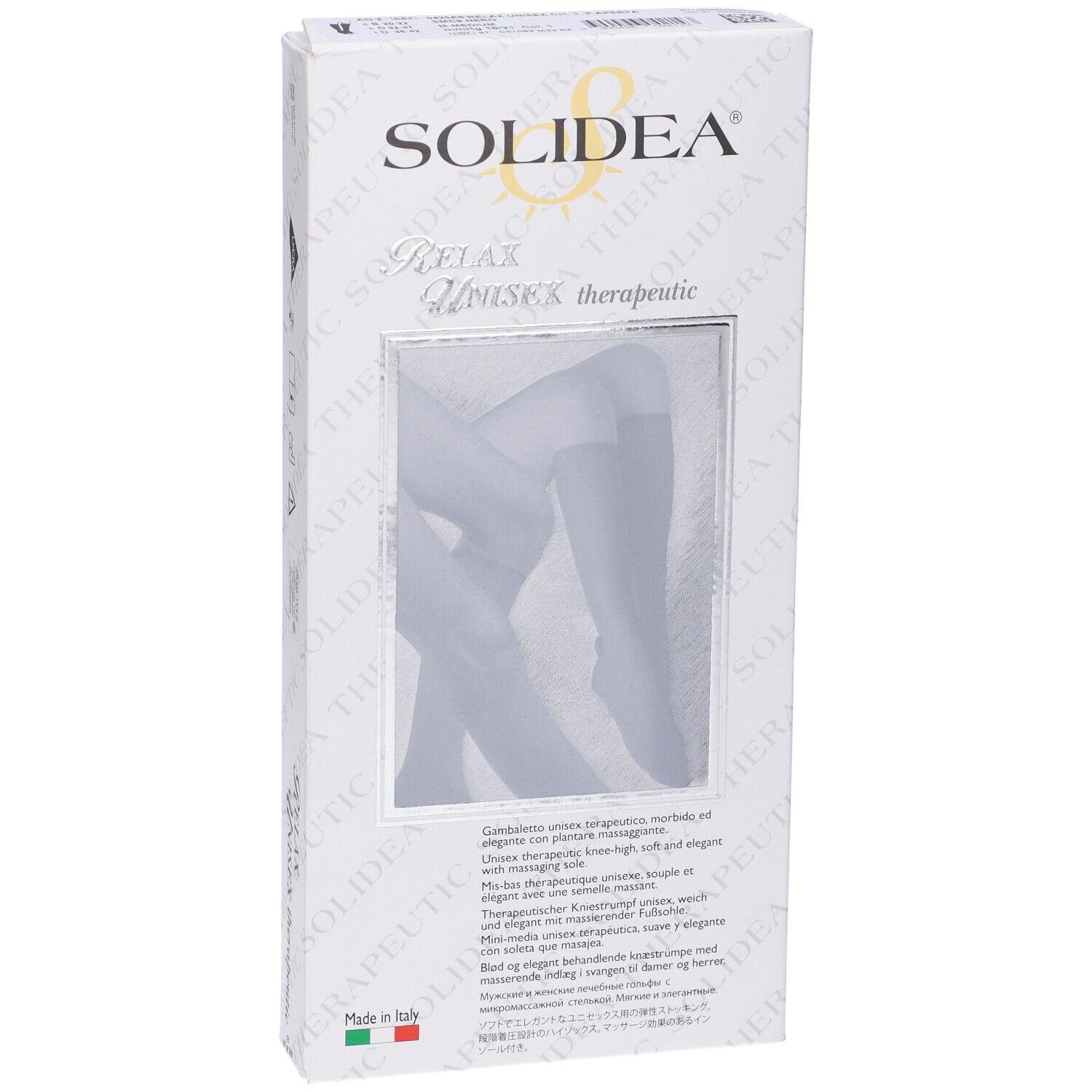 Confezione, SOLIDEA RELAX UNISEX therapeutic. Immagine del prodotto. Bandiera italiana. Vista angolata.