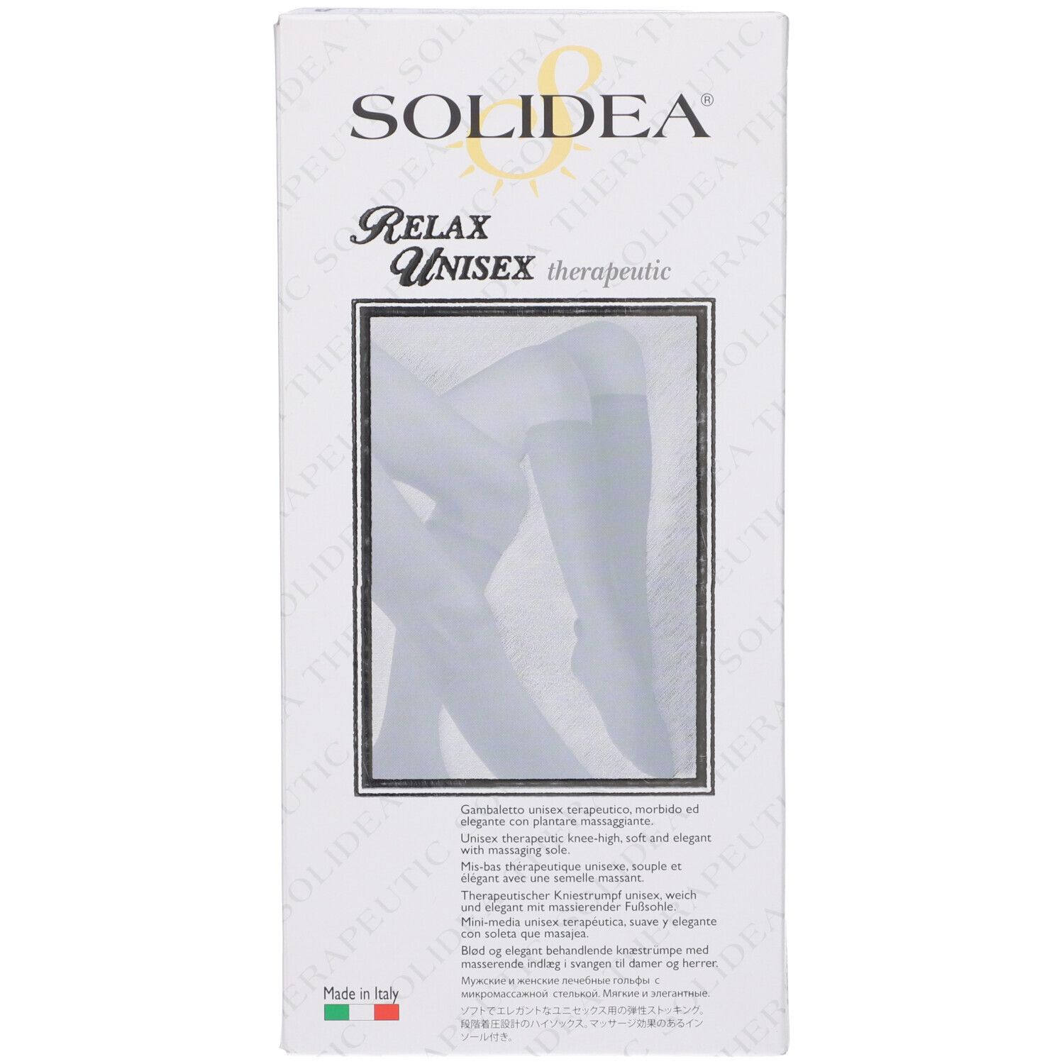 Confezione. Marchio: SOLIDEA. Testo: Relax Unisex therapeutic. Immagine del prodotto. Bandiera italiana.