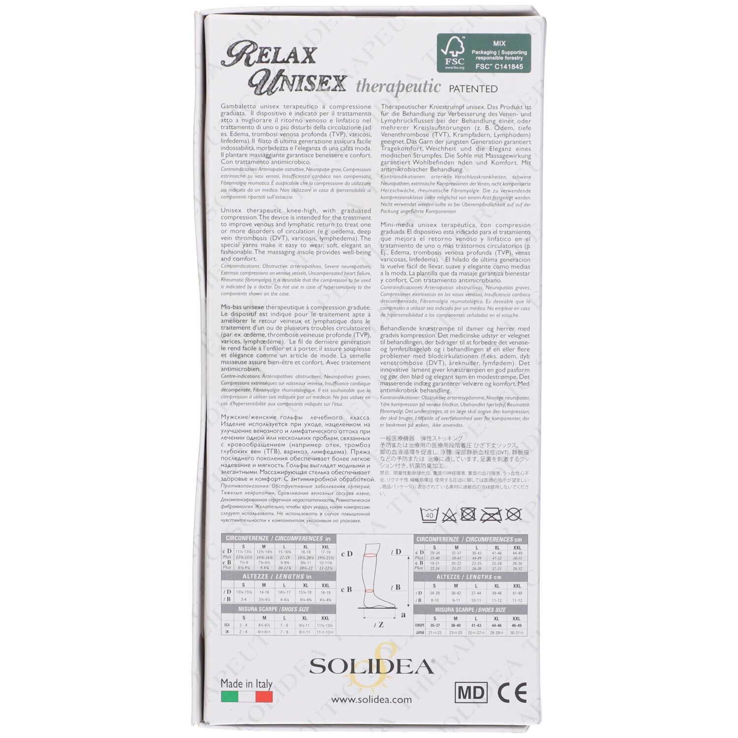 Retro della confezione. Testo e informazioni sul prodotto. Marchio: SOLIDEA. Bandiera italiana. Marchio CE.