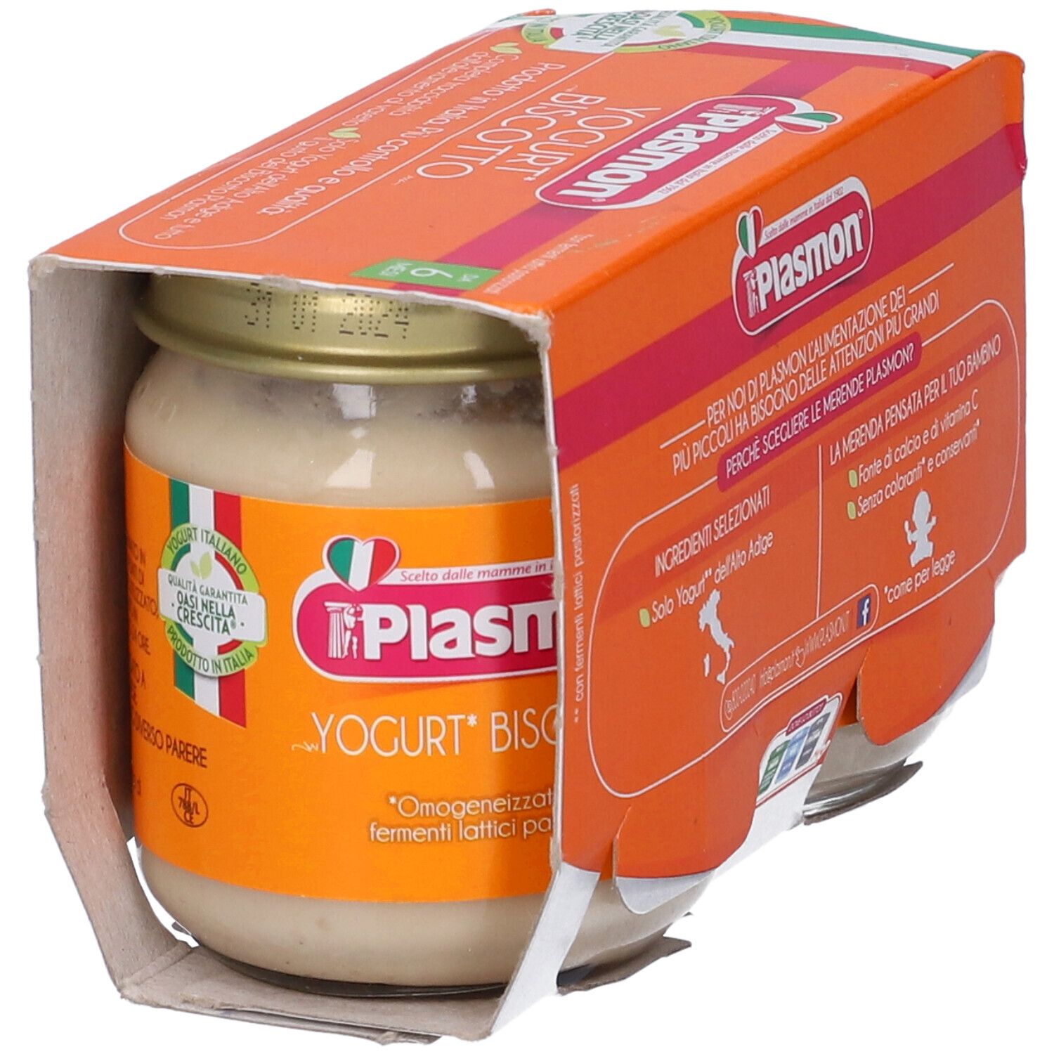 Confezione Plasmon Yogurt Biscotto. Un vasetto di yogurt visibile. Data di scadenza e bandiera italiana.