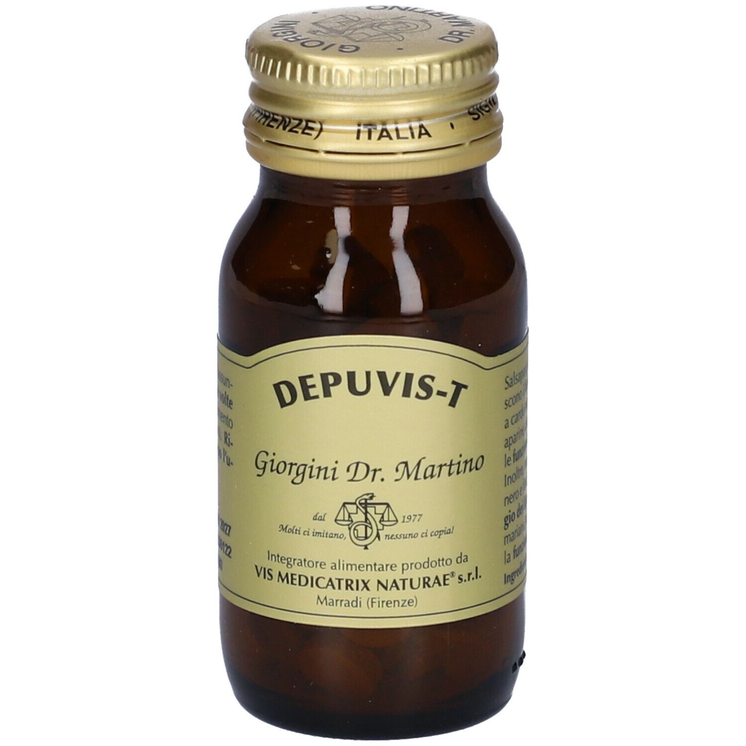 Flacone di vetro marrone con tappo dorato. Scritta: Depuvis-T, Giorgini Dr. Martino. 16 dosi, 80 pastiglie.