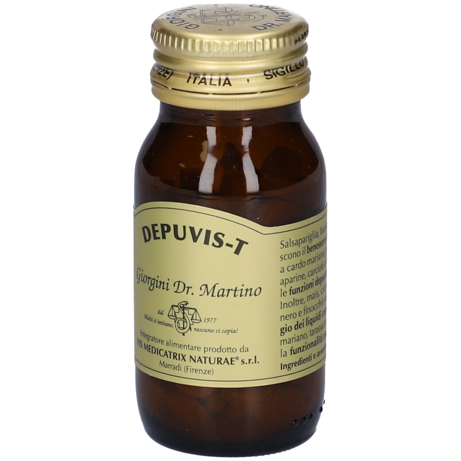 Flacone di vetro marrone con tappo dorato. Scritta: Depuvis-T, Giorgini Dr. Martino. Testo sul retro.