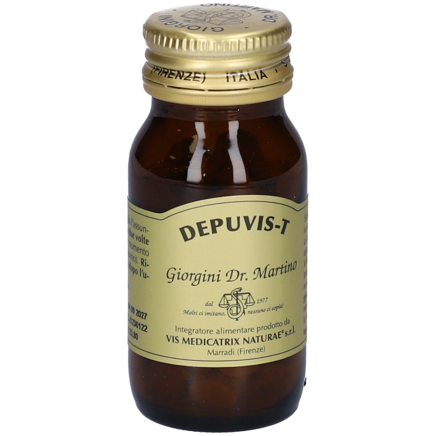 Flacone di vetro marrone con tappo dorato. Scritta: Depuvis-T, Giorgini Dr. Martino. Testo sul retro.