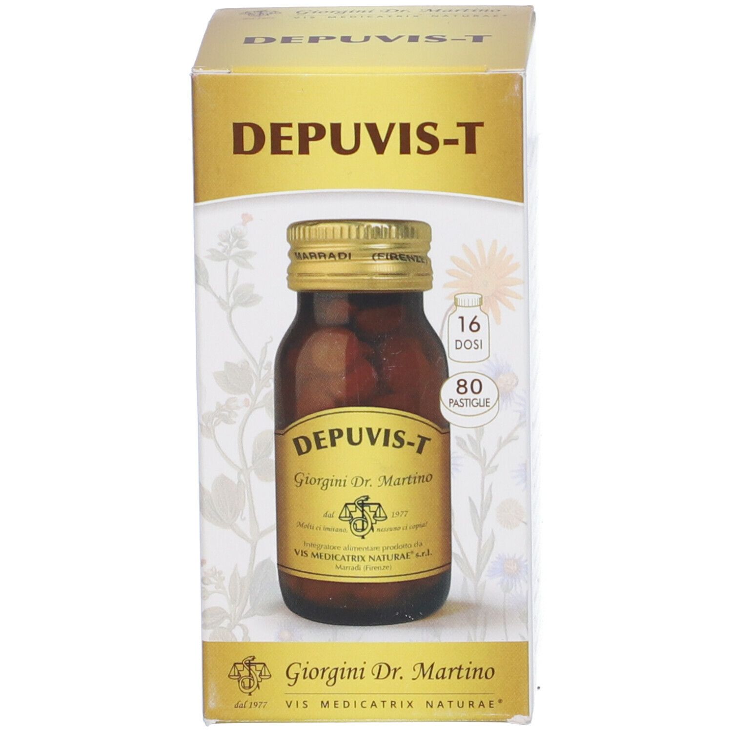 Confezione con flacone in vetro marrone. Scritta: Depuvis-T, Giorgini Dr. Martino. 16 dosi, 80 pastiglie.