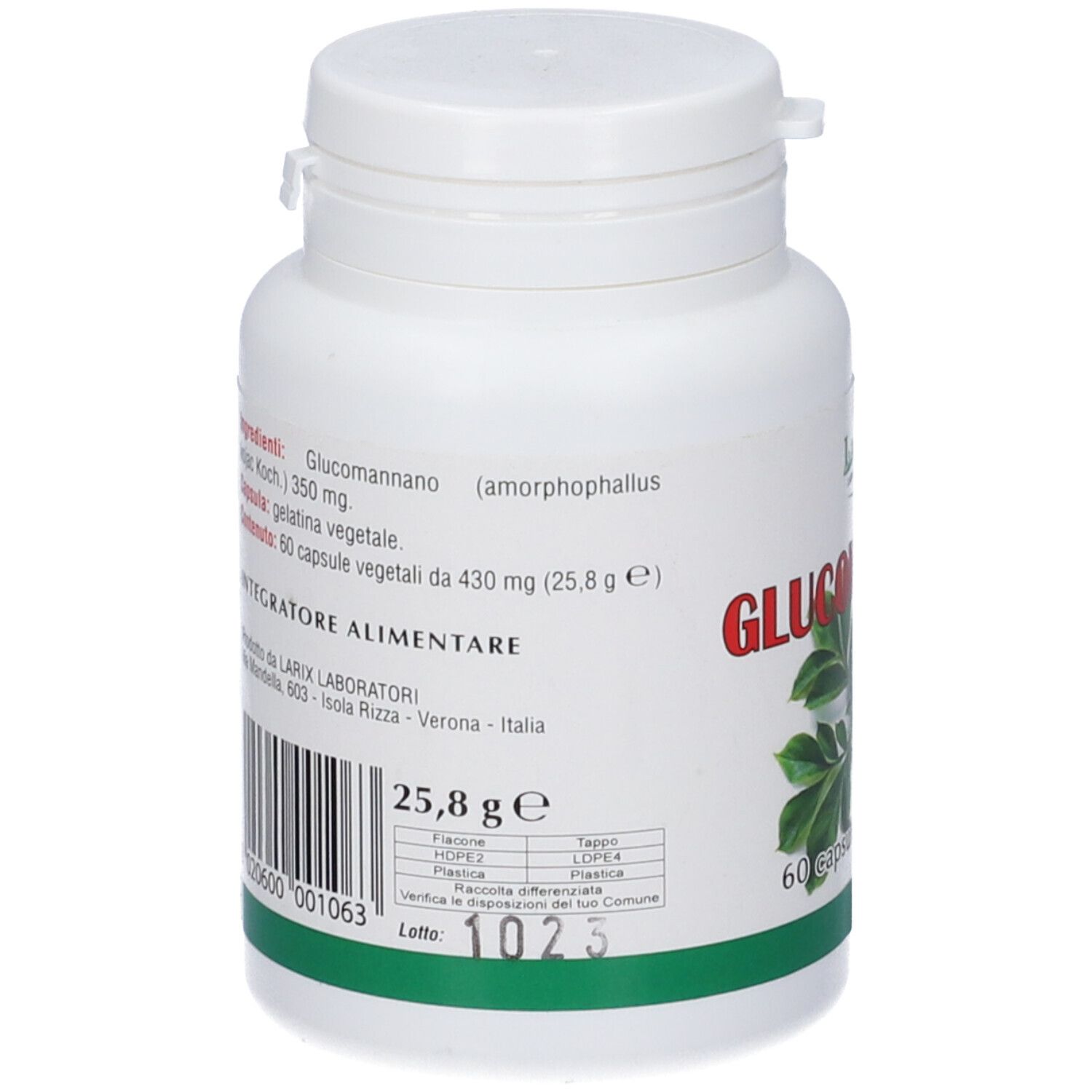Flacone bianco, retro con testo. Lista ingredienti, codice a barre, numero di lotto. Scritta: Glucomannano.
