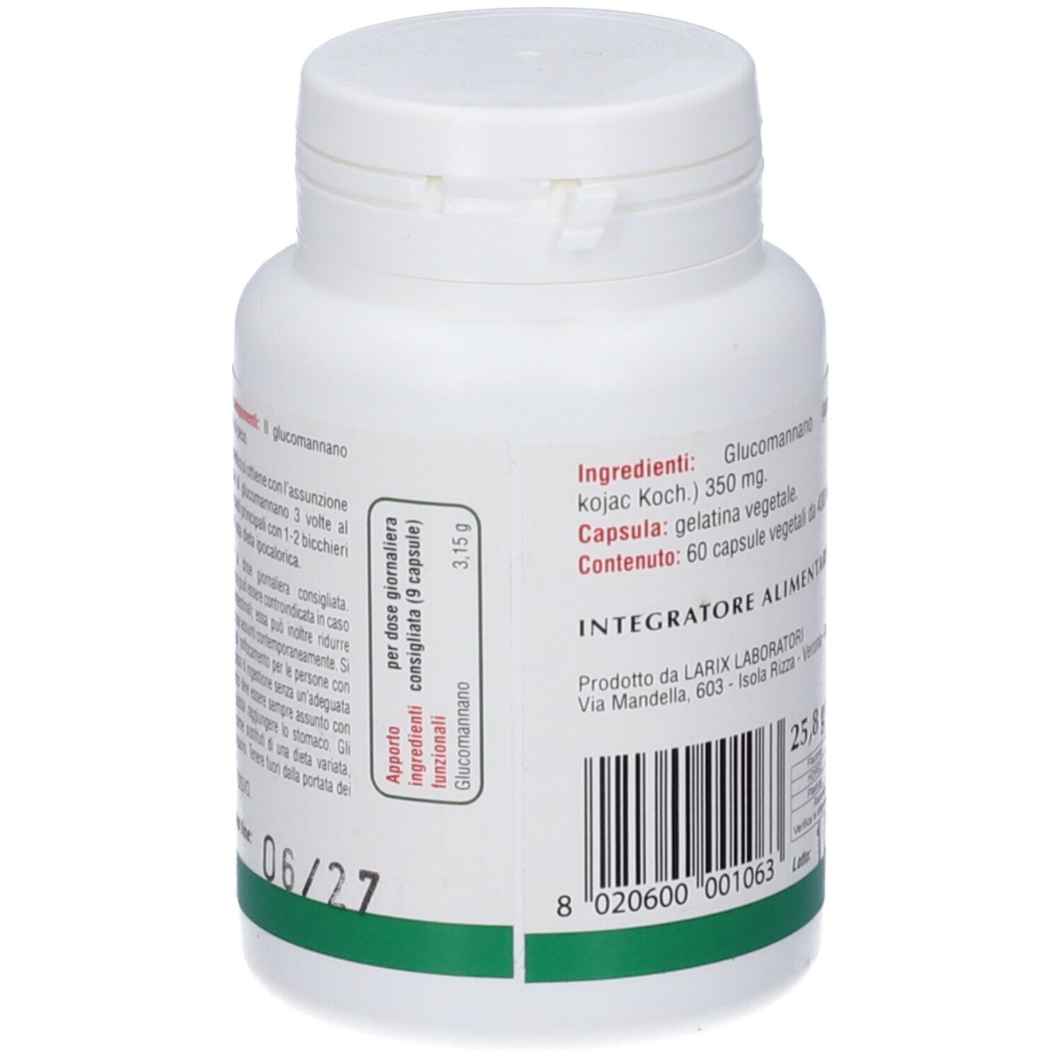 Flacone bianco, retro con testo. Lista ingredienti, codice a barre, numero di lotto. Scritta: Glucomannano.