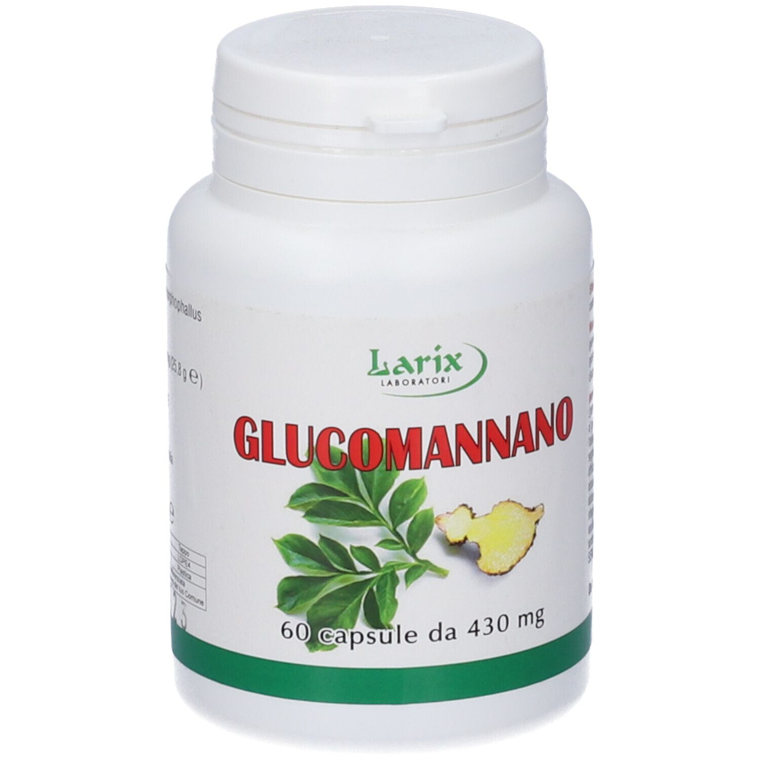 Flacone bianco con etichetta verde. Scritta: Glucomannano, 60 capsule. Logo: Larix.