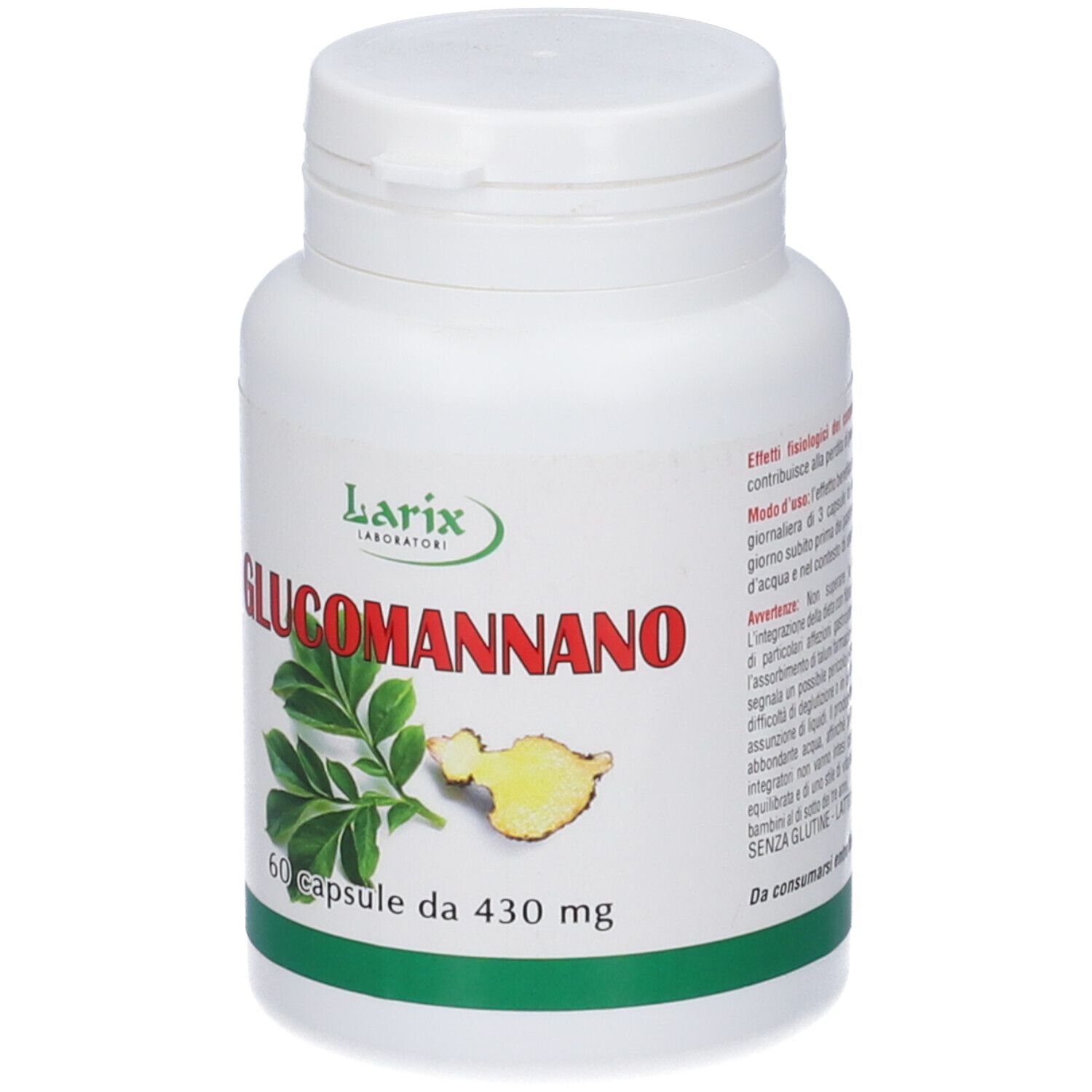 Flacone bianco con etichetta verde. Scritta: Glucomannano, 60 capsule. Logo: Larix.