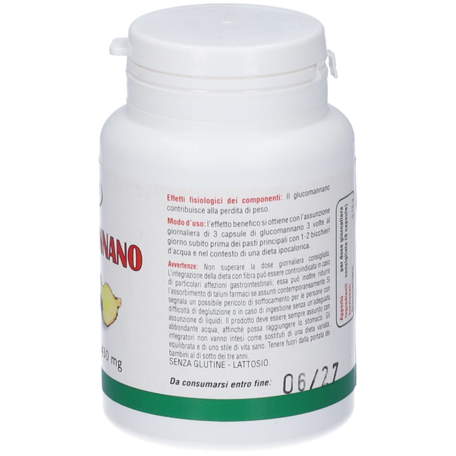 Flacone bianco, retro con testo. Scritta: Glucomannano, 60 capsule. Logo: Larix.