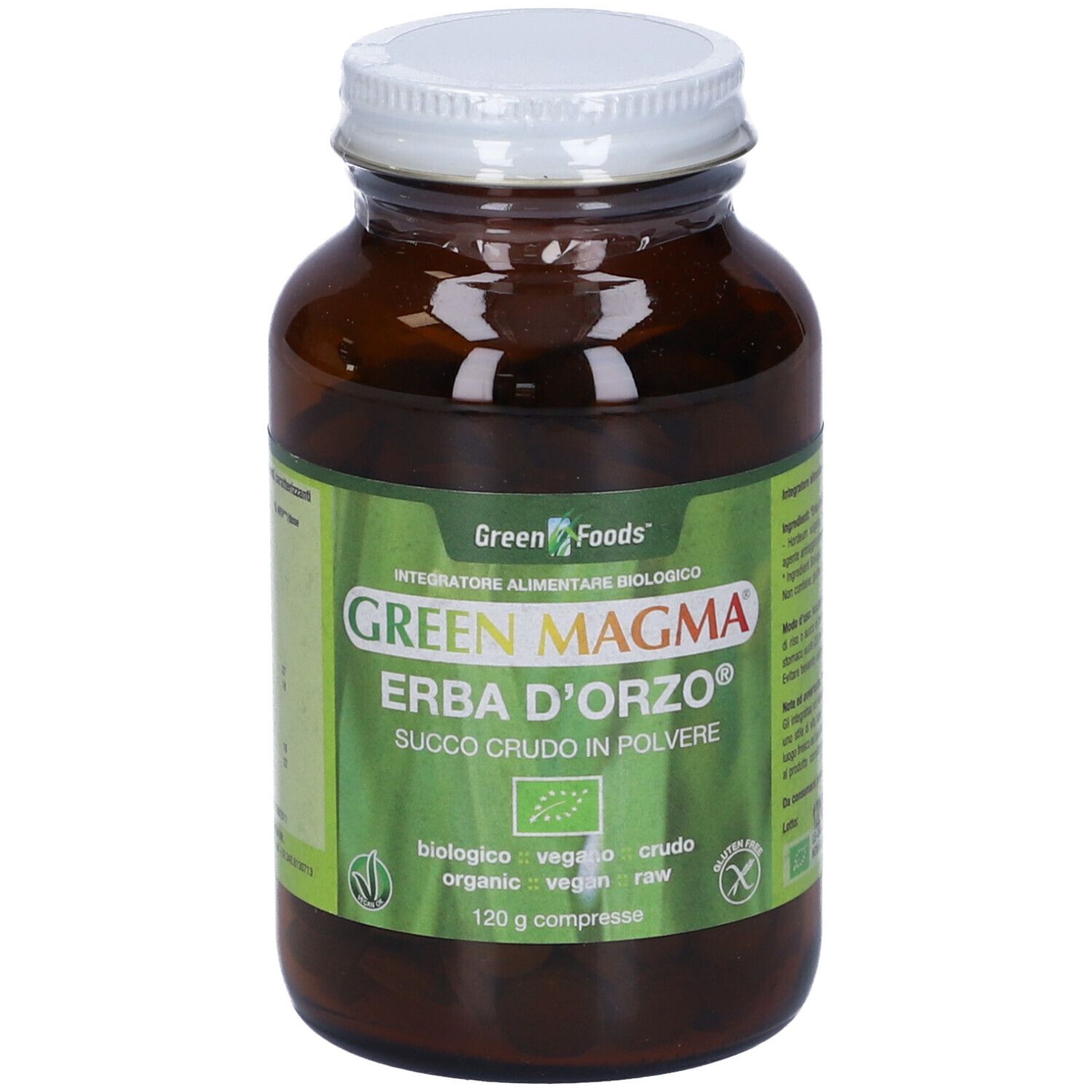 Bottiglia di vetro marrone con tappo bianco. Etichetta "Green Magma Erba d'Orzo" e "120 compresse".