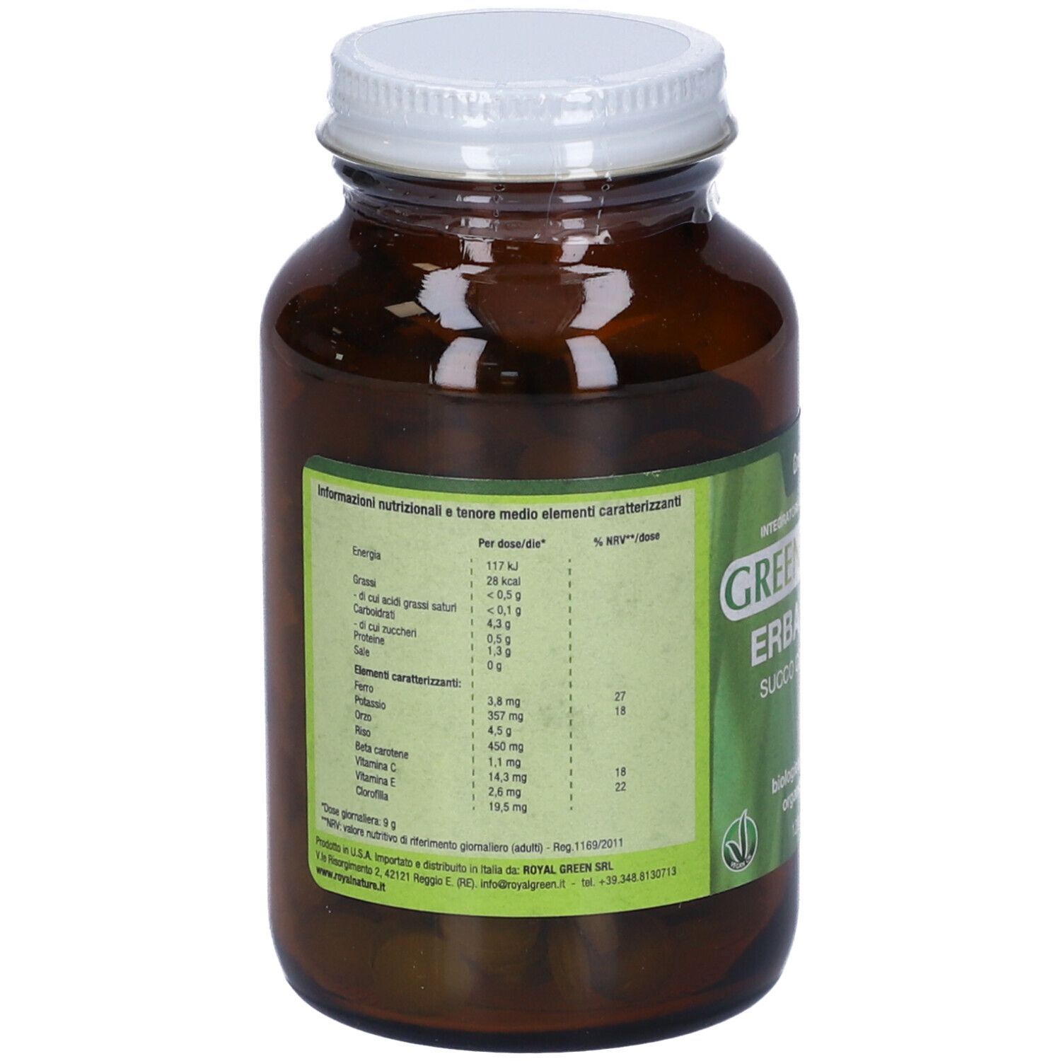 Vista posteriore di bottiglia in vetro marrone con etichetta. Informazioni nutrizionali e ingredienti.