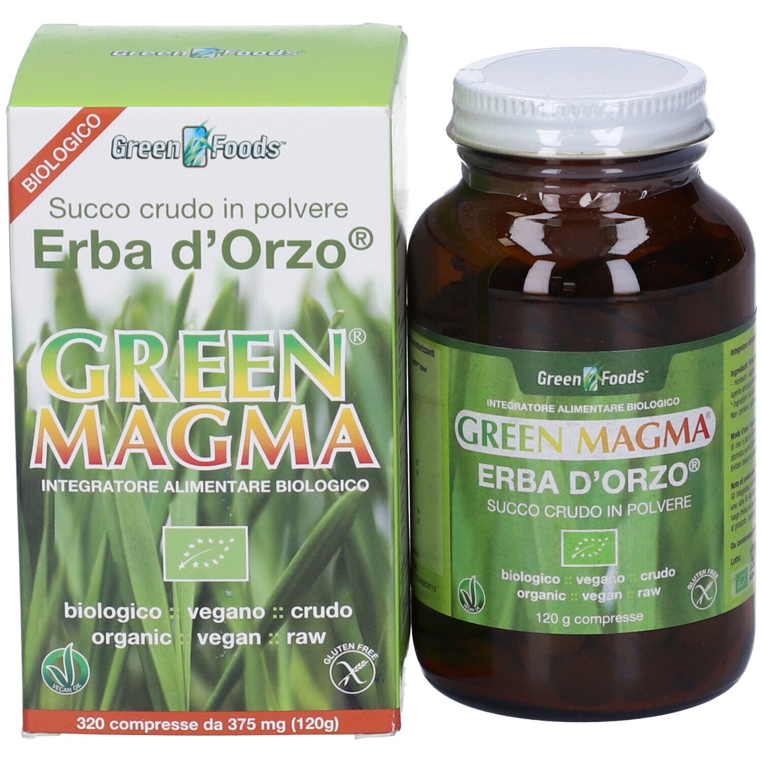 Bottiglia di vetro marrone e scatola. Sulla scatola c'è scritto "Green Magma Erba d'Orzo".