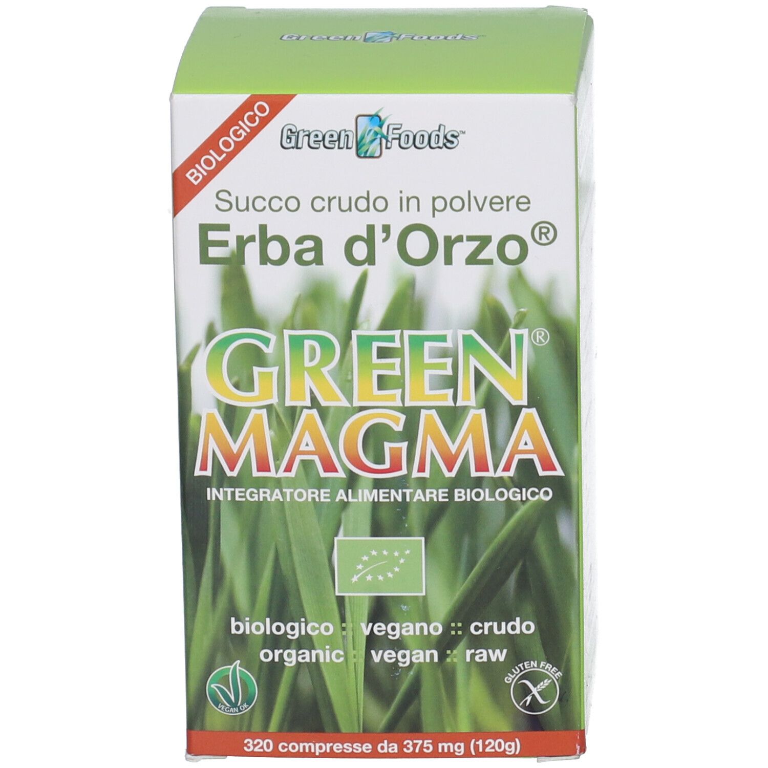 Scatola verde con "Green Magma Erba d'Orzo". Contiene 320 compresse.