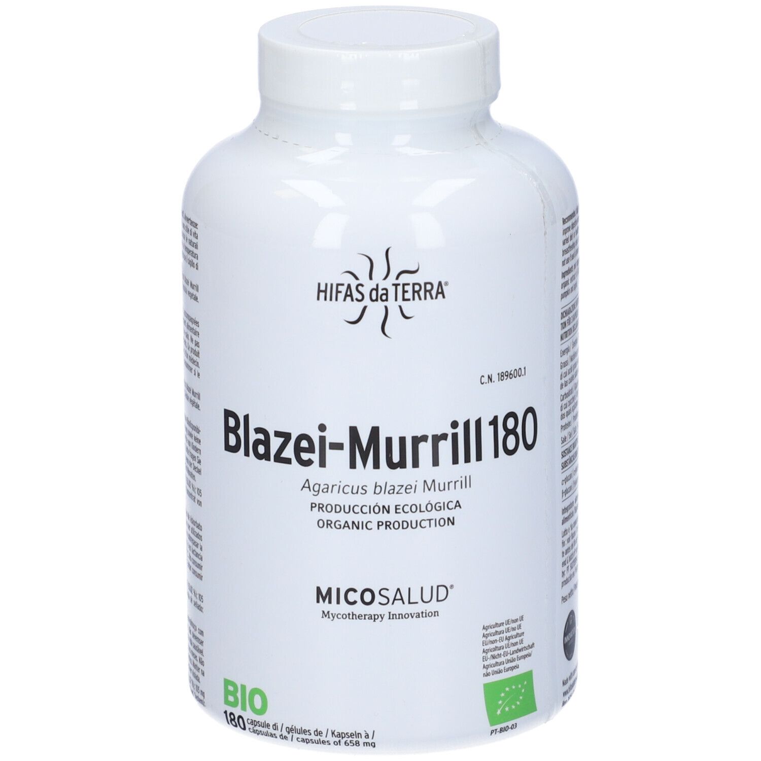 Flacone bianco con Blazei-Murrill 180. Scritta: Agaricus blazei Murrill. Certificazione biologica.