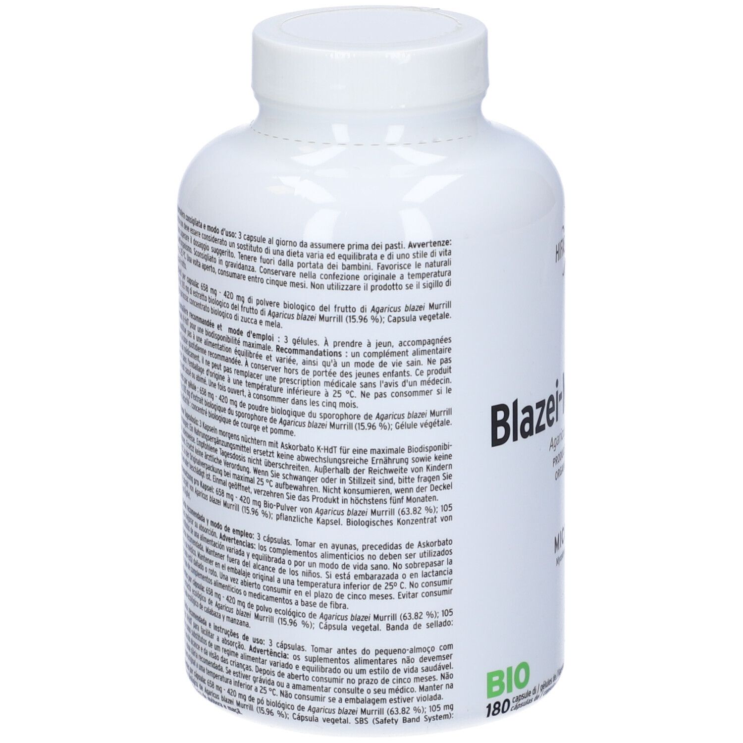 Retro di un flacone bianco con testo. Contiene informazioni sugli ingredienti e il valore nutrizionale.