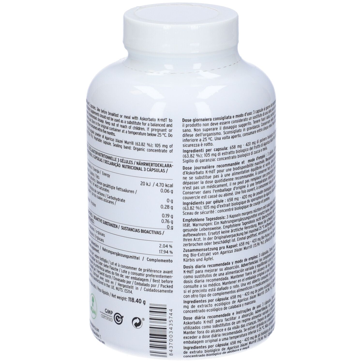 Retro di un flacone bianco con testo. Contiene informazioni sugli ingredienti e il valore nutrizionale.
