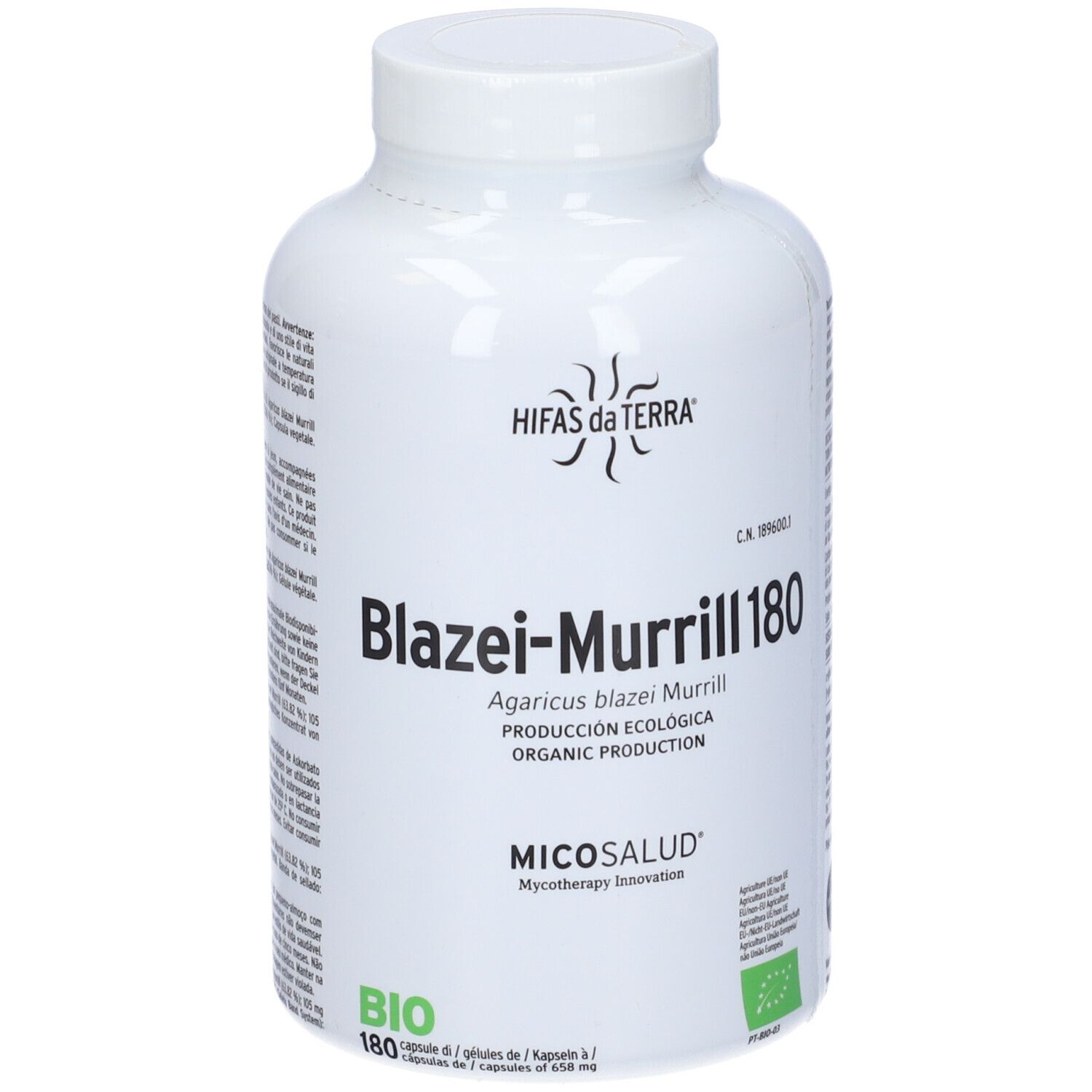 Flacone bianco con Blazei-Murrill 180. Scritta: Agaricus blazei Murrill. Certificazione biologica.