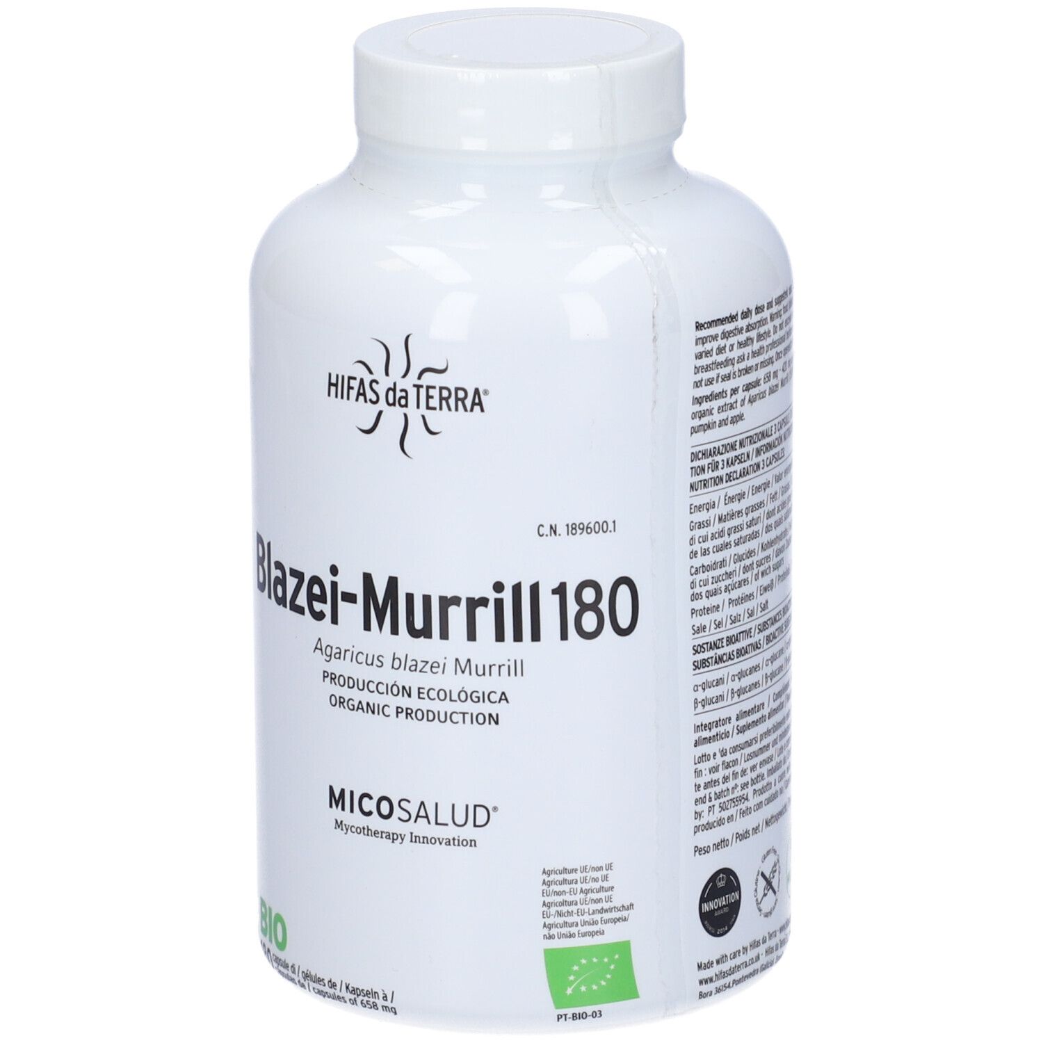 Flacone bianco con Blazei-Murrill 180. Scritta: Agaricus blazei Murrill. Certificazione biologica.