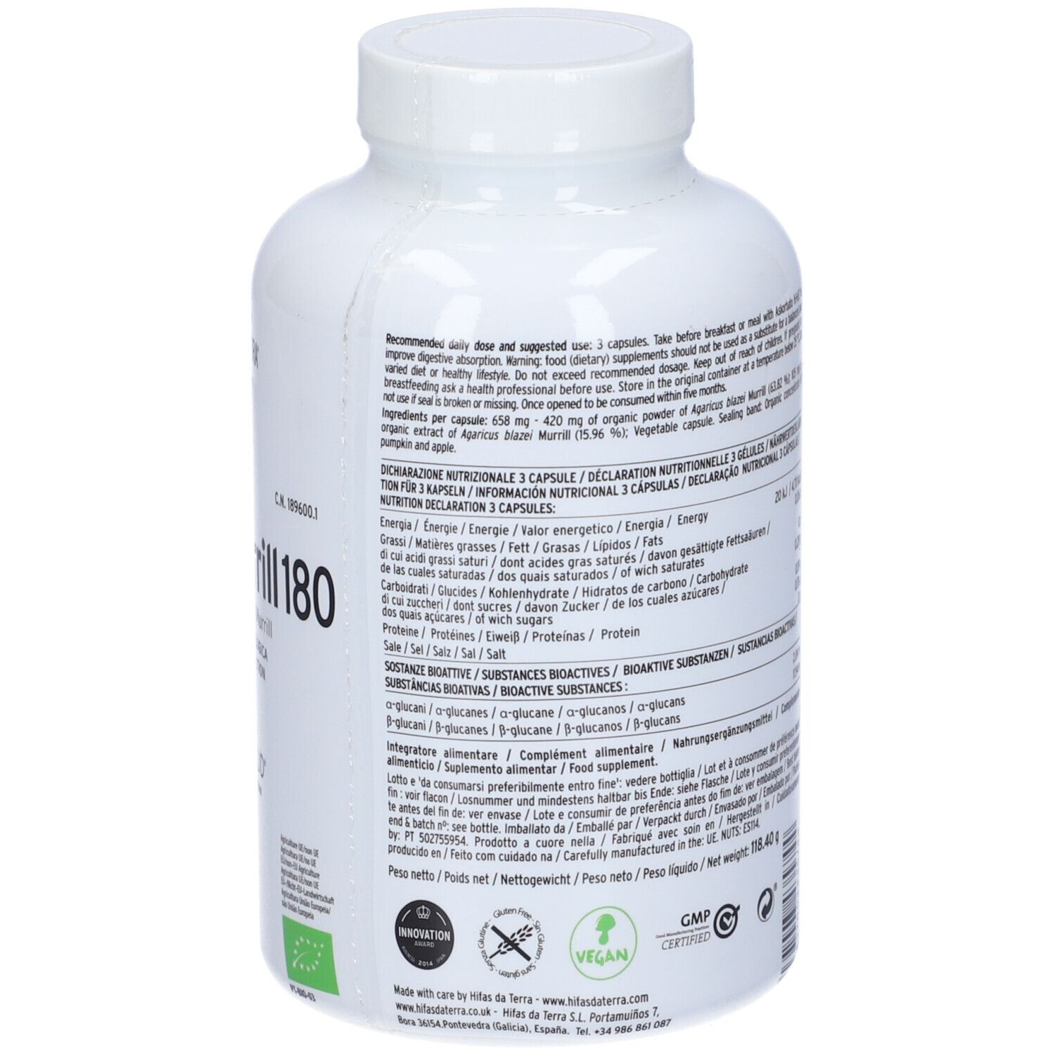 Retro di un flacone bianco con testo. Contiene informazioni sugli ingredienti e il valore nutrizionale.
