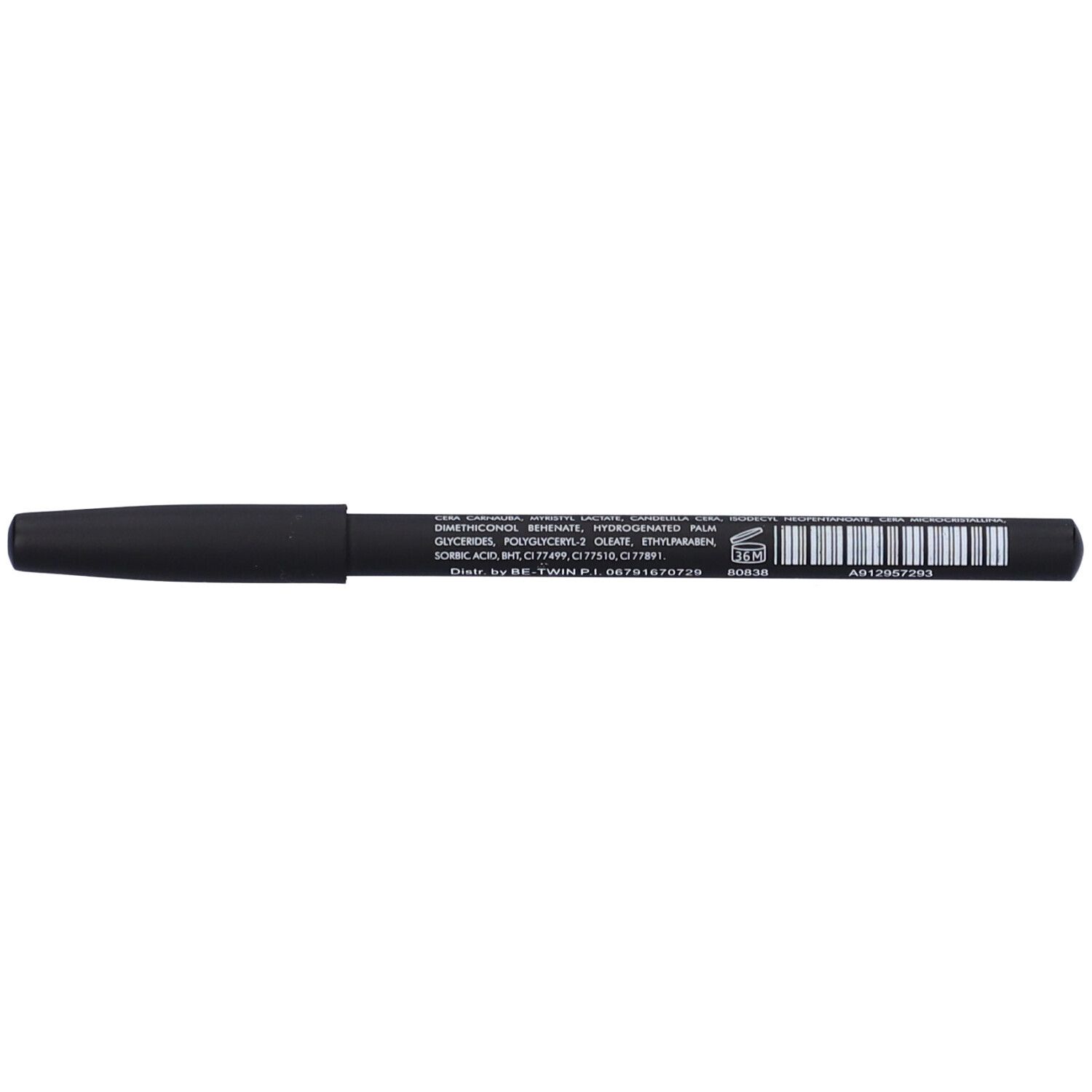 Matita nera con testo bianco e codice a barre. Scritta sulla matita.