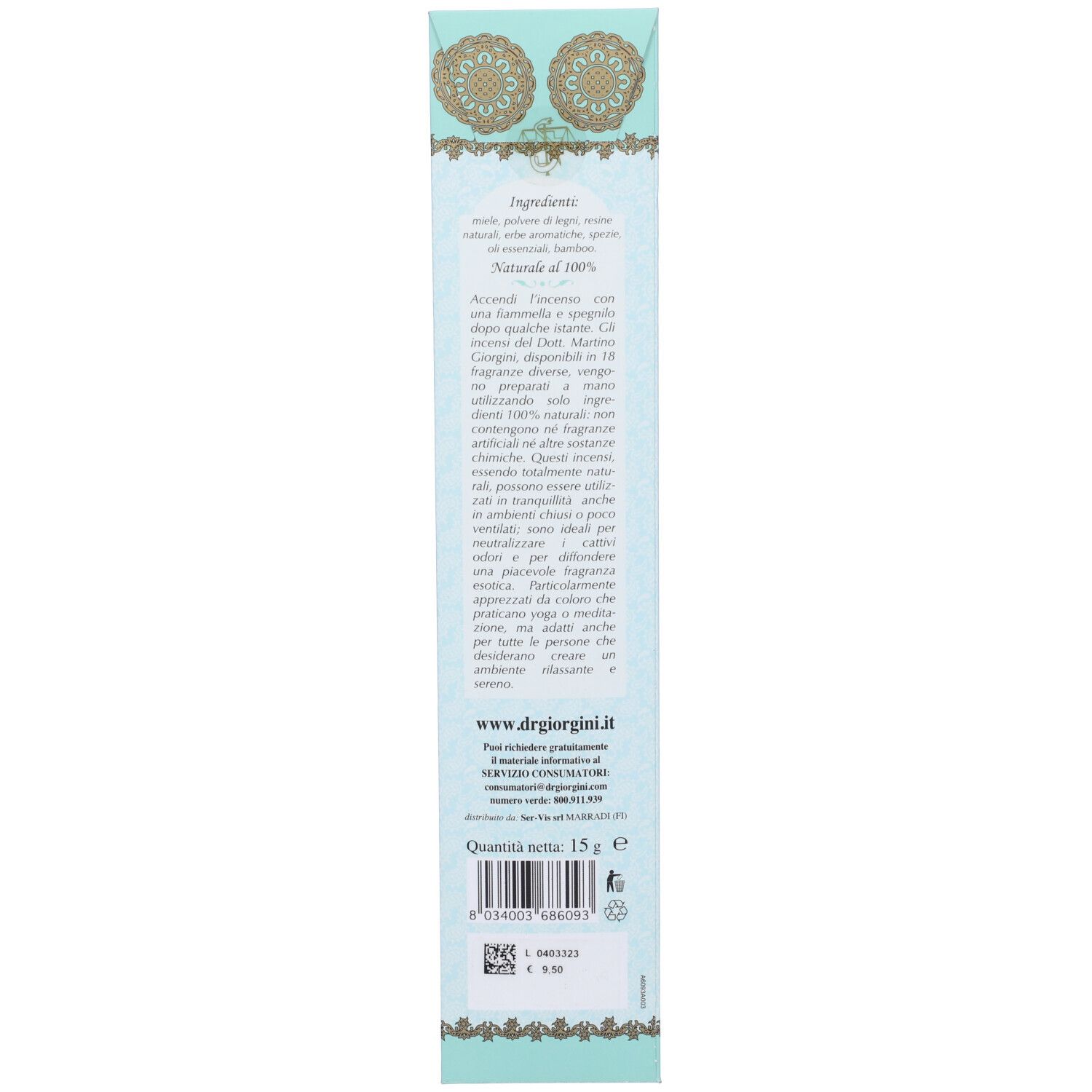 Retro della confezione turchese. Testo in italiano. In basso: www.drgiorgini.it. Peso netto: 15g.