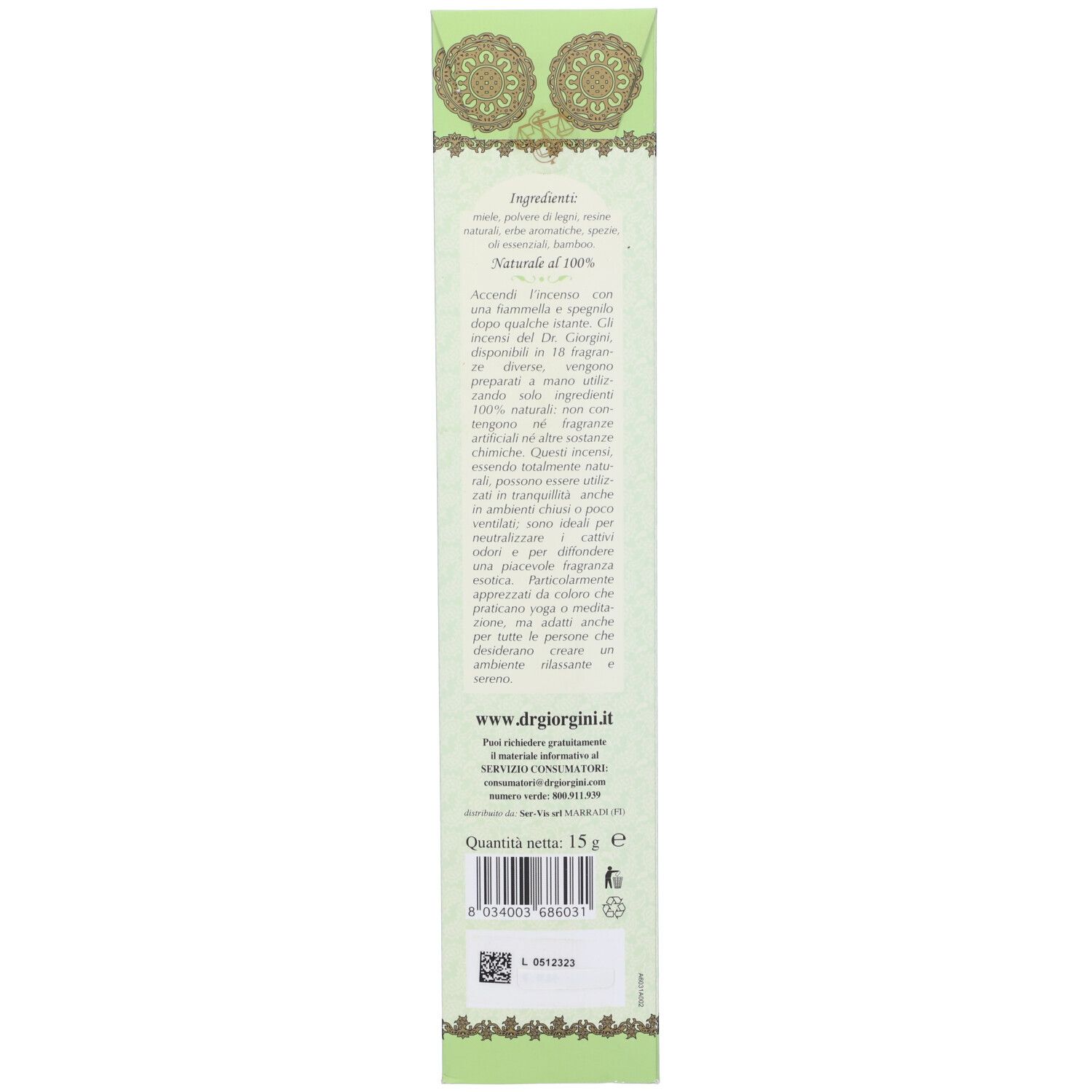 Retro della confezione. Testo in italiano. Contiene informazioni sugli ingredienti e sul produttore.