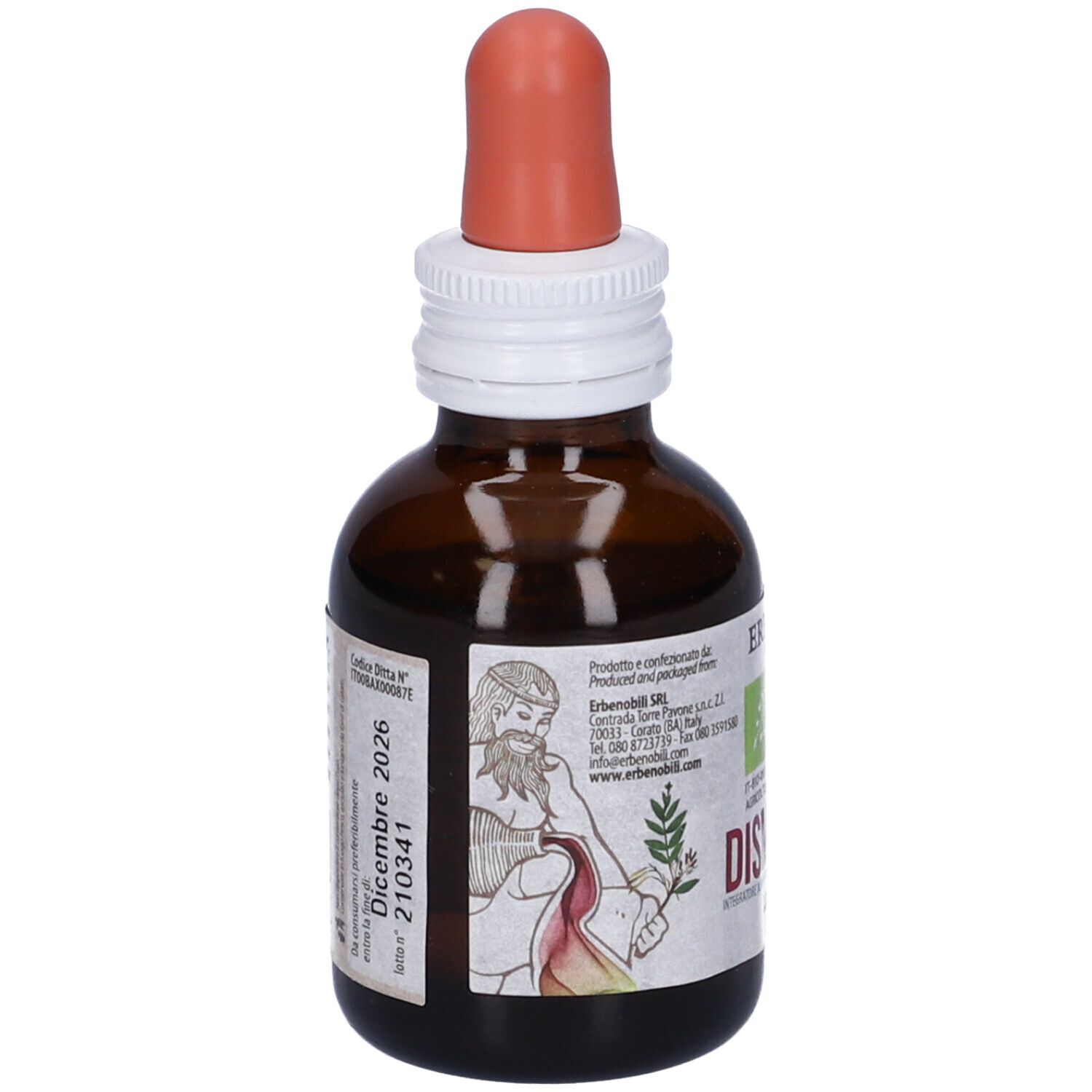 Flacone di vetro marrone con contagocce. Sull'etichetta è scritto 'Dismenovin'.