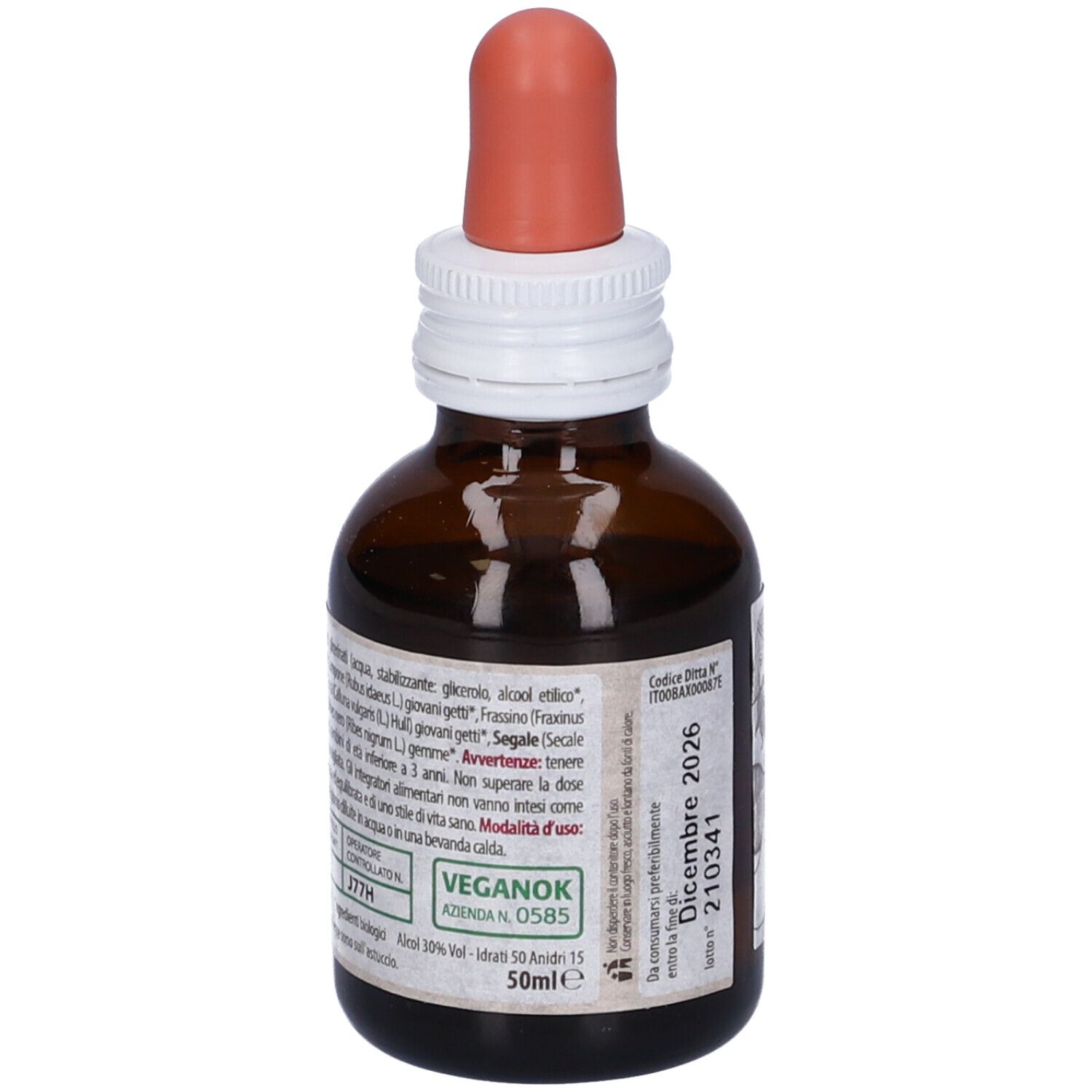 Flacone di vetro marrone con contagocce. Etichetta con testo e 'Dismenovin'.