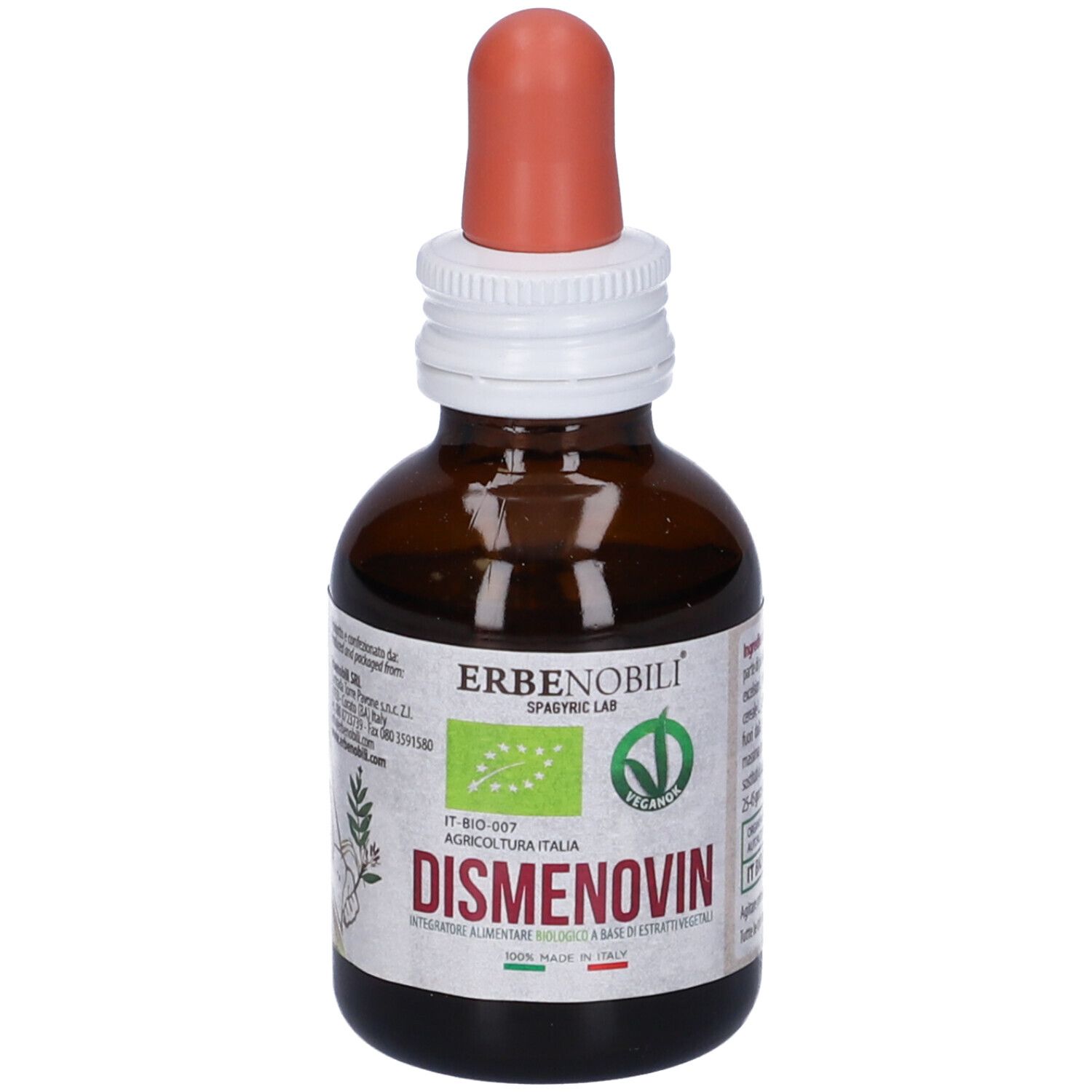 Flacone di vetro marrone con contagocce. Etichetta con testo e 'Dismenovin'.