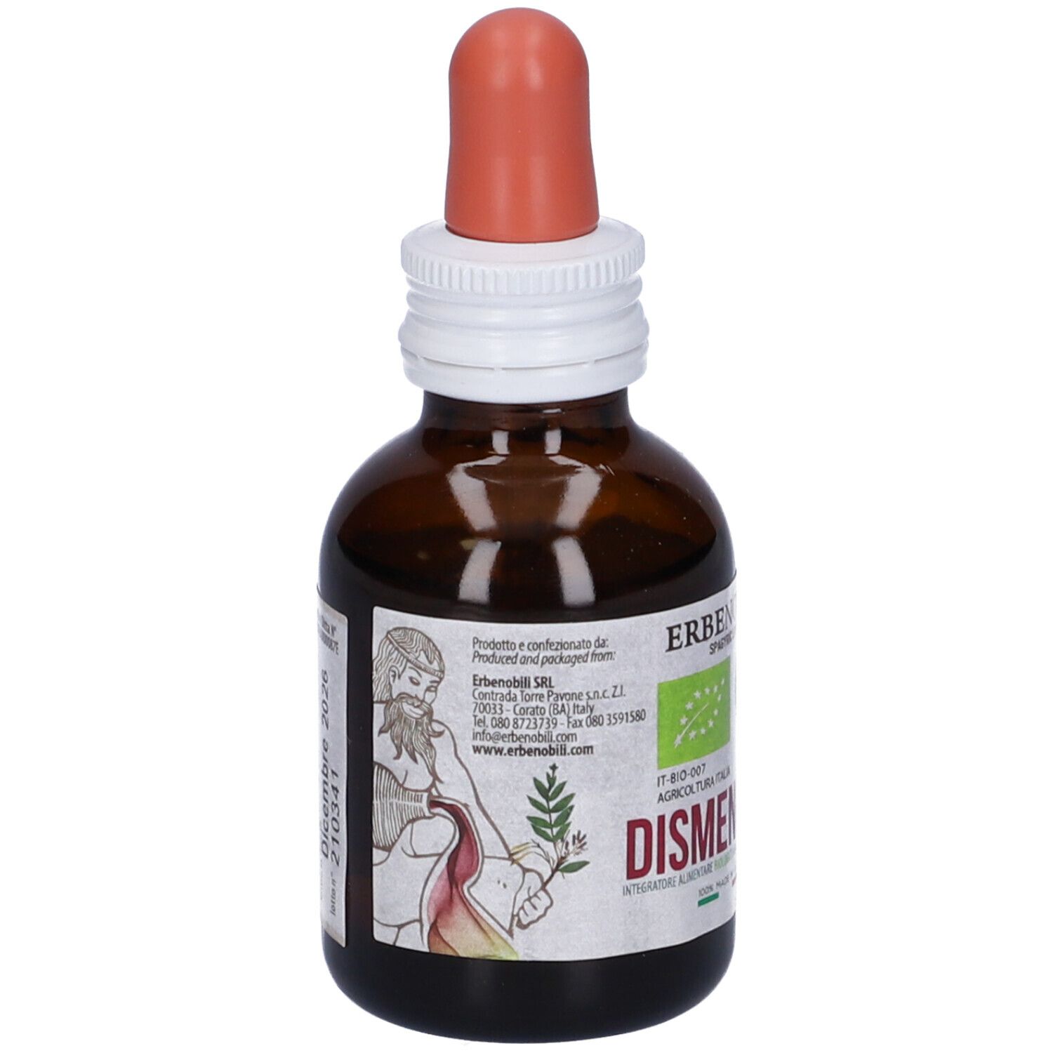 Flacone di vetro marrone con contagocce. Etichetta con testo e 'Dismenovin'.