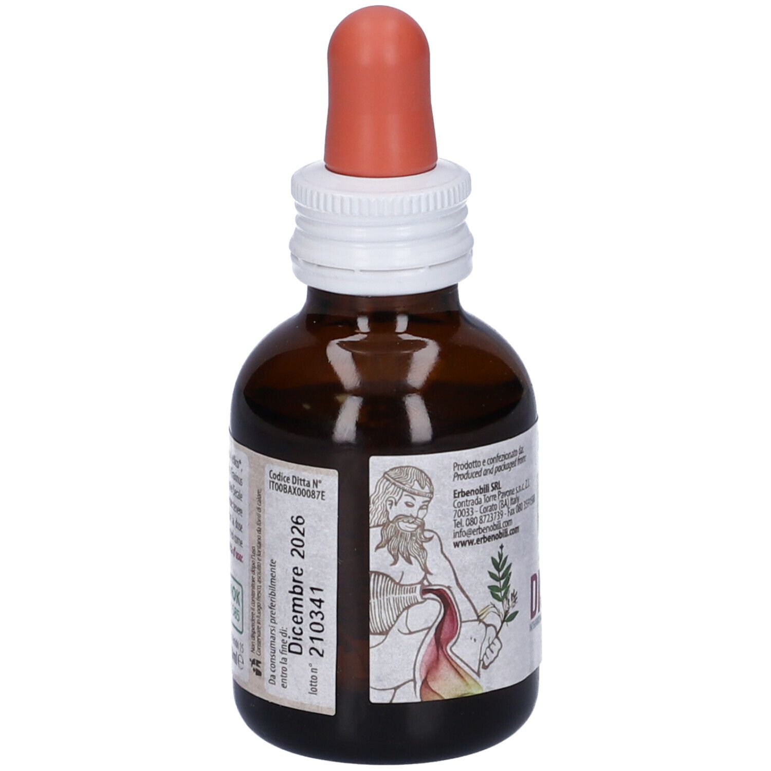 Flacone di vetro marrone con contagocce. Etichetta con testo e 'Dismenovin'.