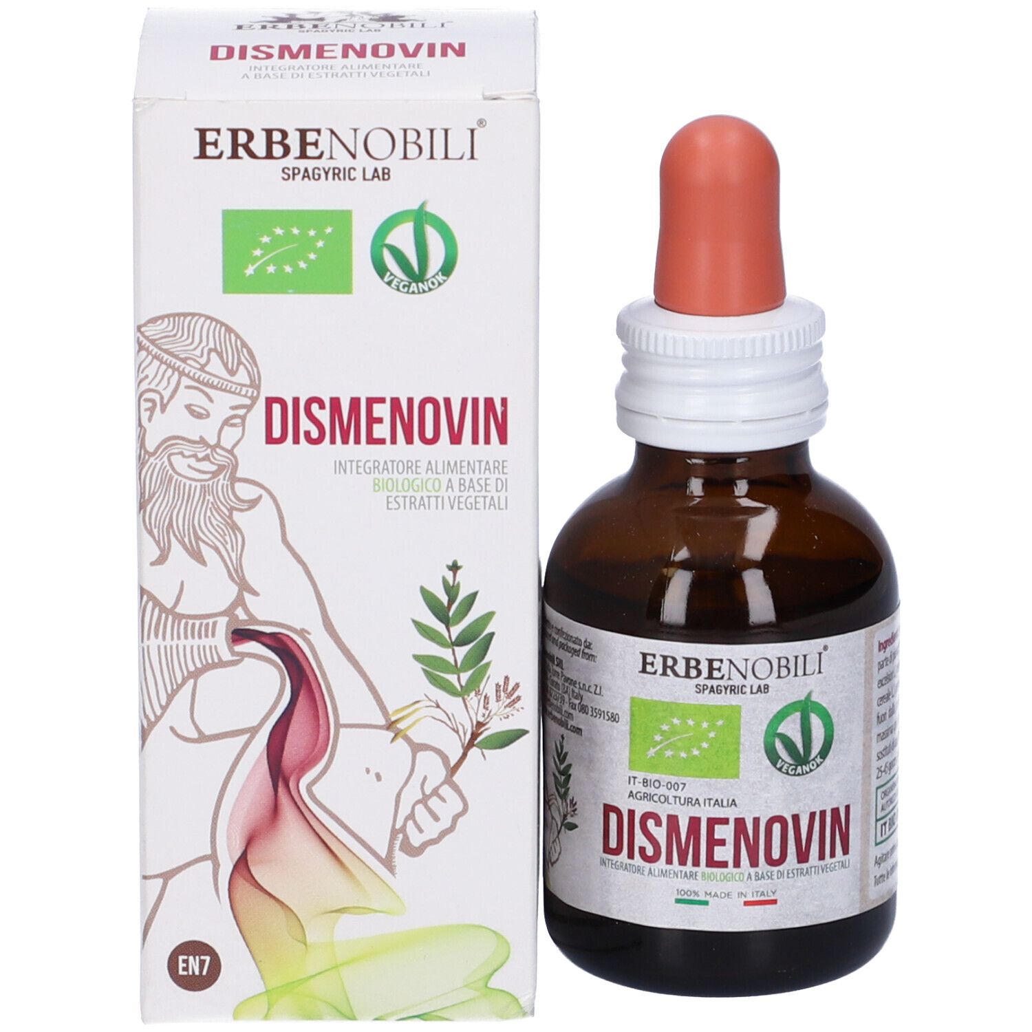 Flacone di vetro marrone con contagocce e scatola. 'Dismenovin' sulla scatola e sul flacone.