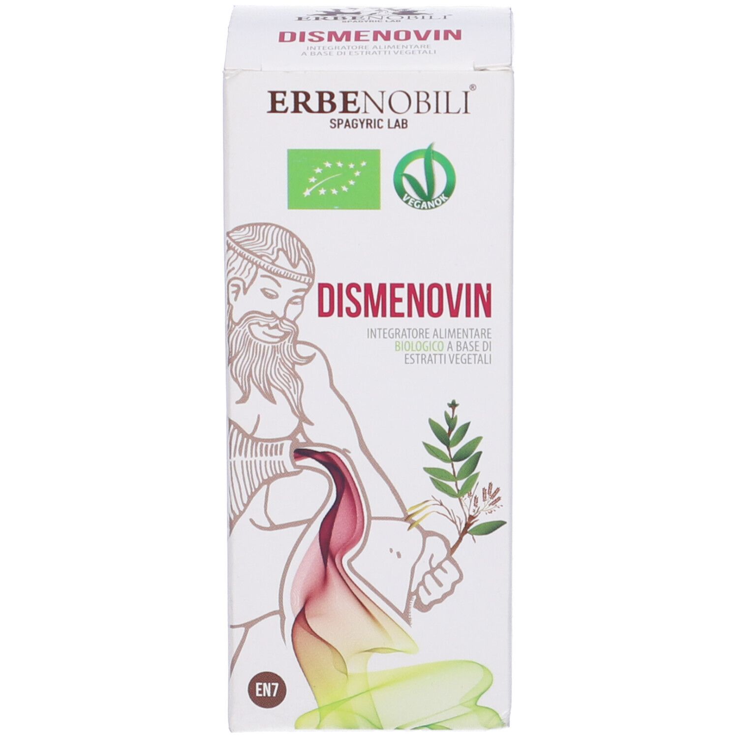 Scatola con 'Dismenovin'. Illustrazione di una persona e piante.