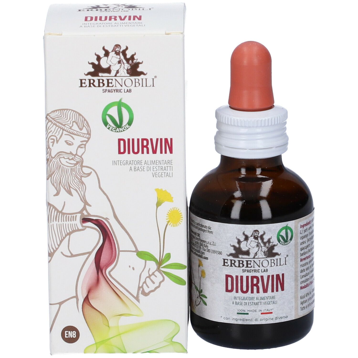 Flacone di vetro marrone con contagocce e scatola. Scritta Diurvin e logo.
