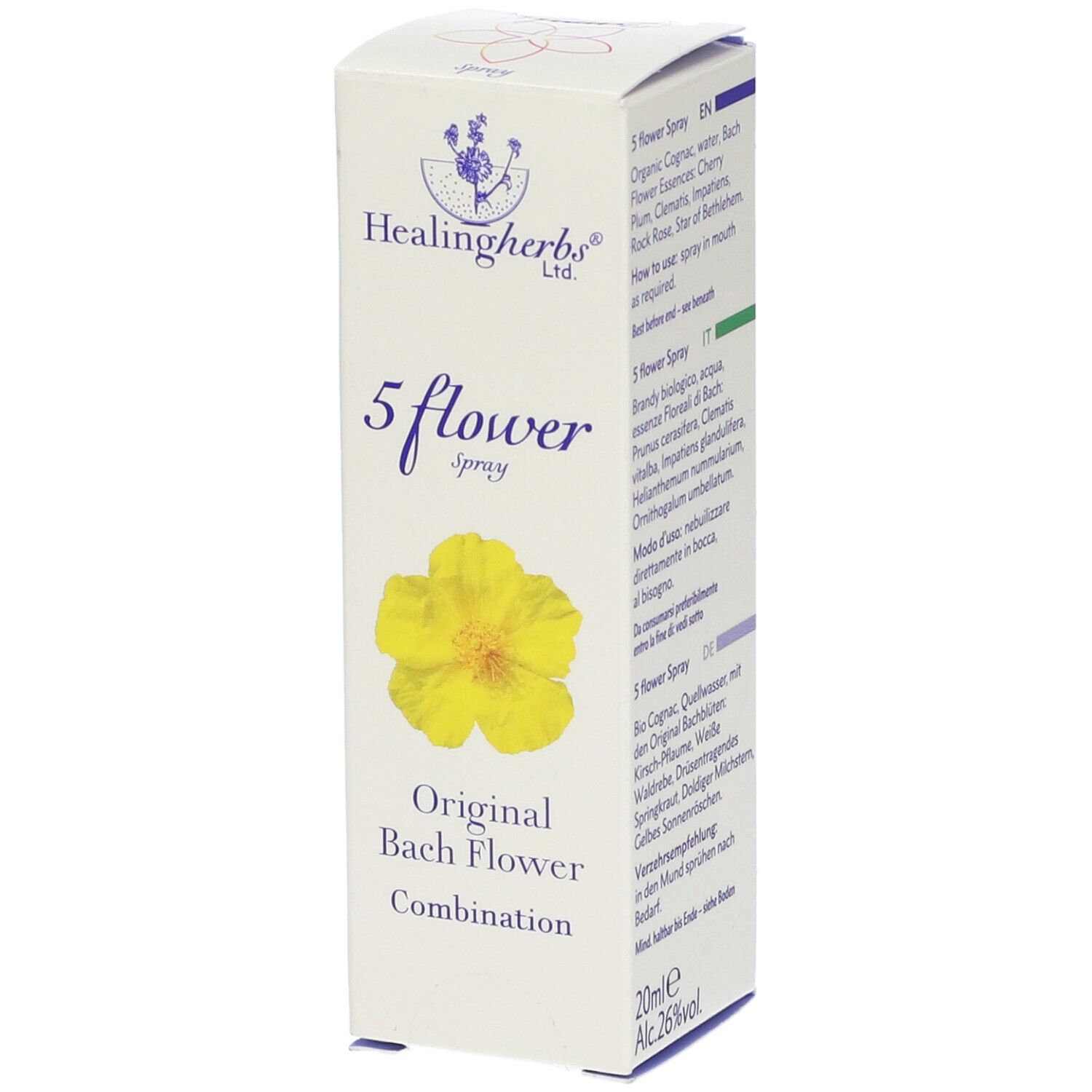 Scatola bianca con scritta: 5 flower spray. Fiore giallo. Combinazione originale di fiori di Bach. Testo multilingue.
