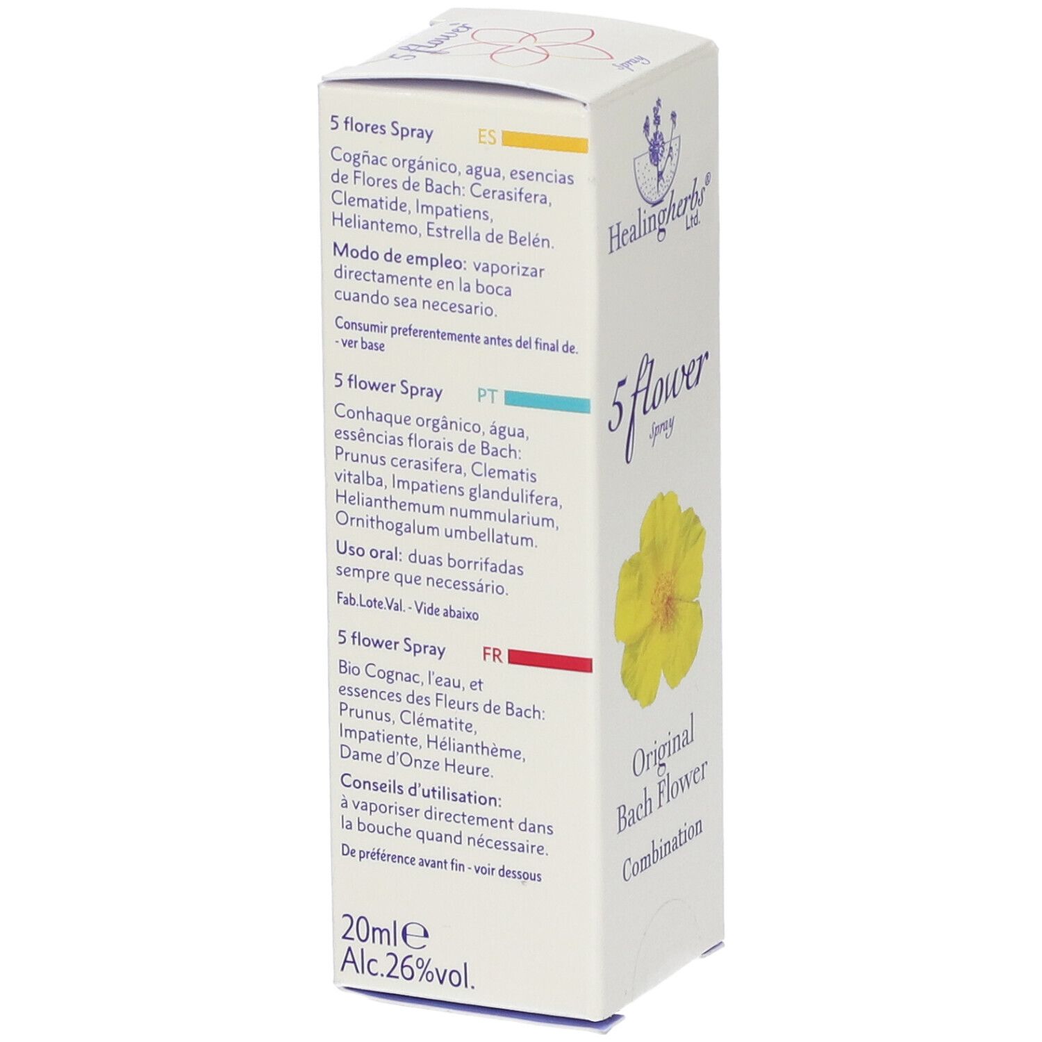 Scatola bianca con scritta: 5 flower spray. Fiore giallo. Combinazione originale di fiori di Bach. Testo multilingue.