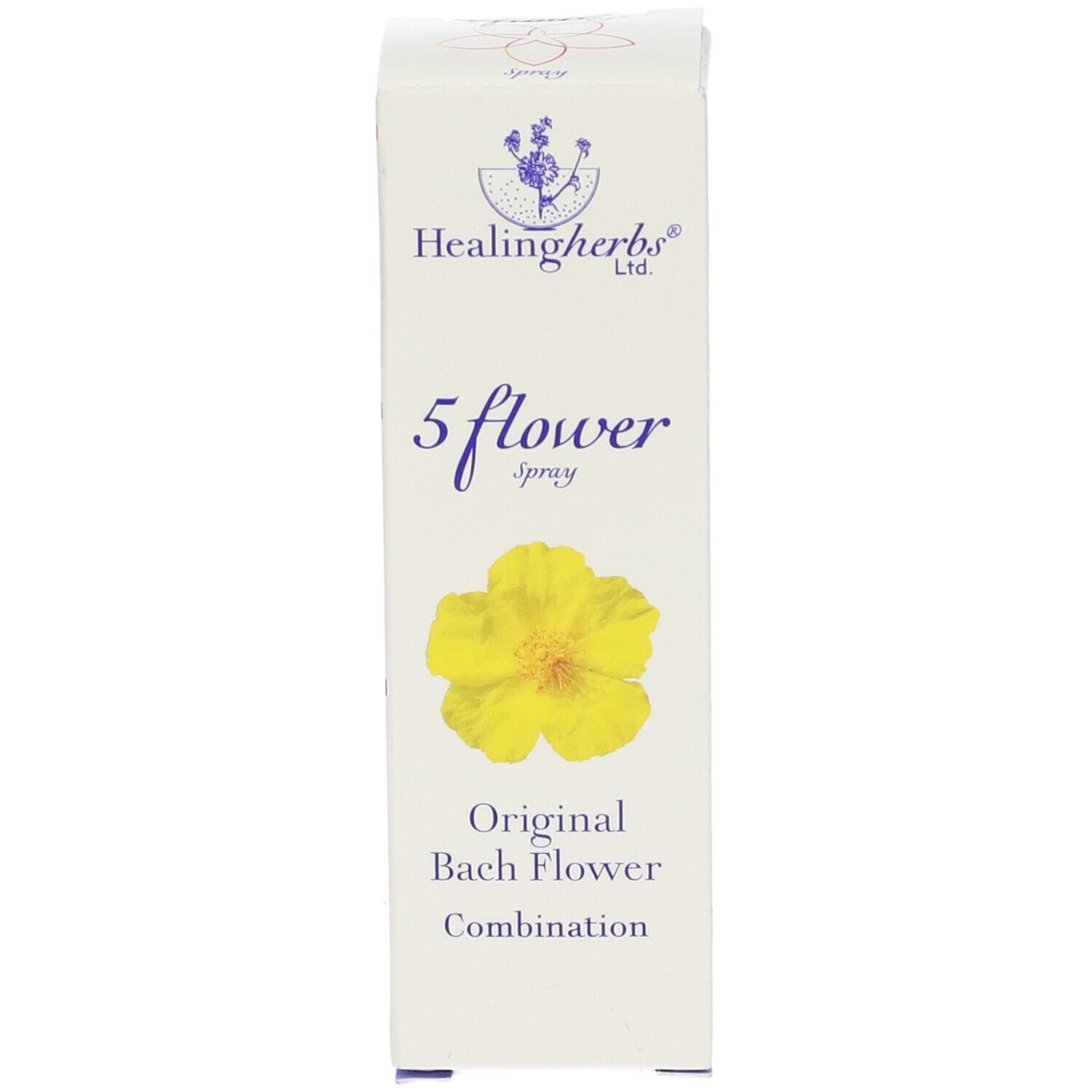 Scatola bianca con scritta: 5 flower spray. Fiore giallo. Combinazione originale di fiori di Bach.