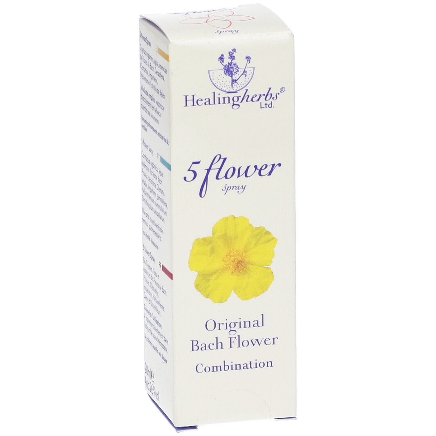 Scatola bianca con scritta: 5 flower spray. Fiore giallo. Combinazione originale di fiori di Bach.