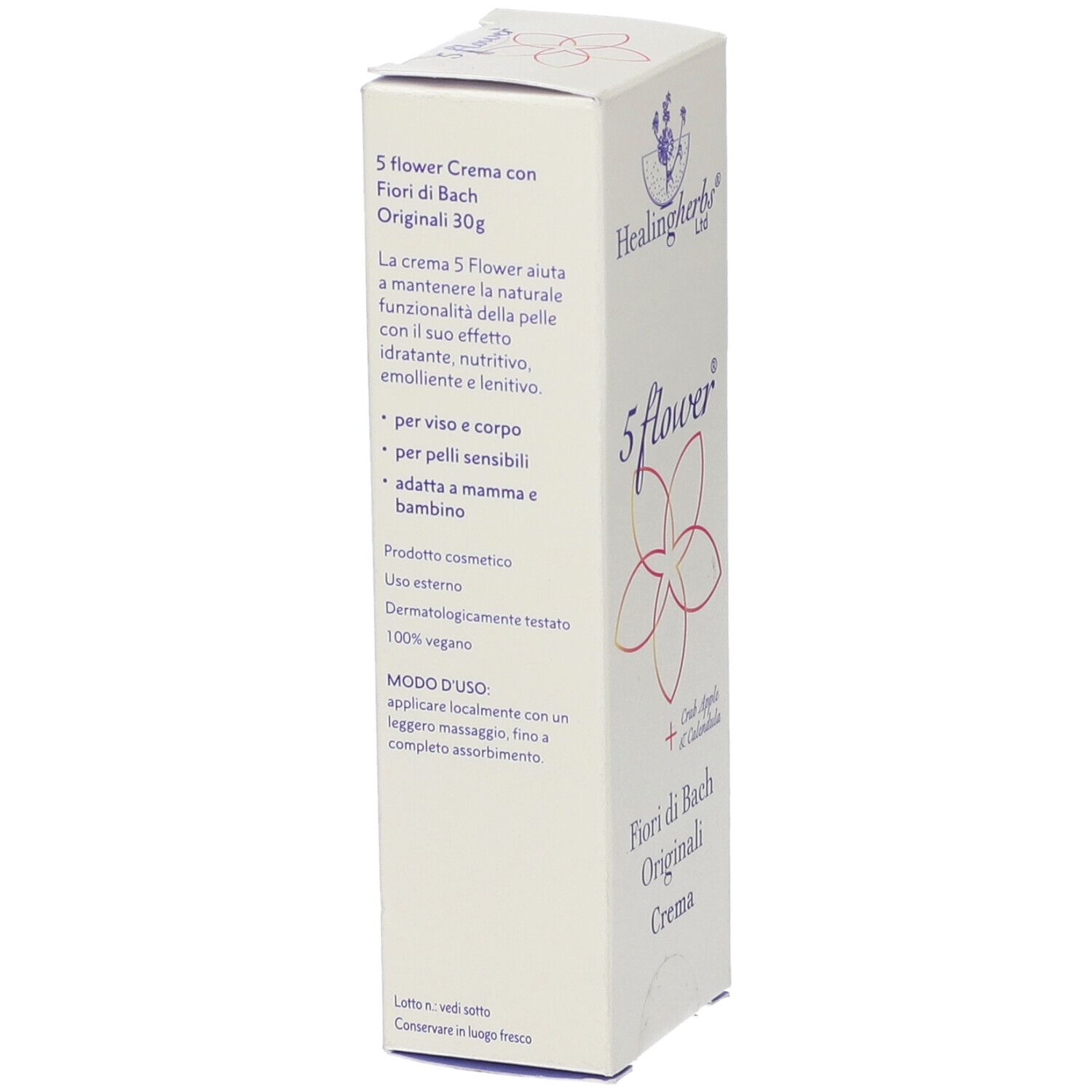 Scatola con informazioni sul prodotto. Testo: 5 flower Crema con Fiori di Bach Originali 30g. Per viso e corpo, pelli sensibili, vegano.