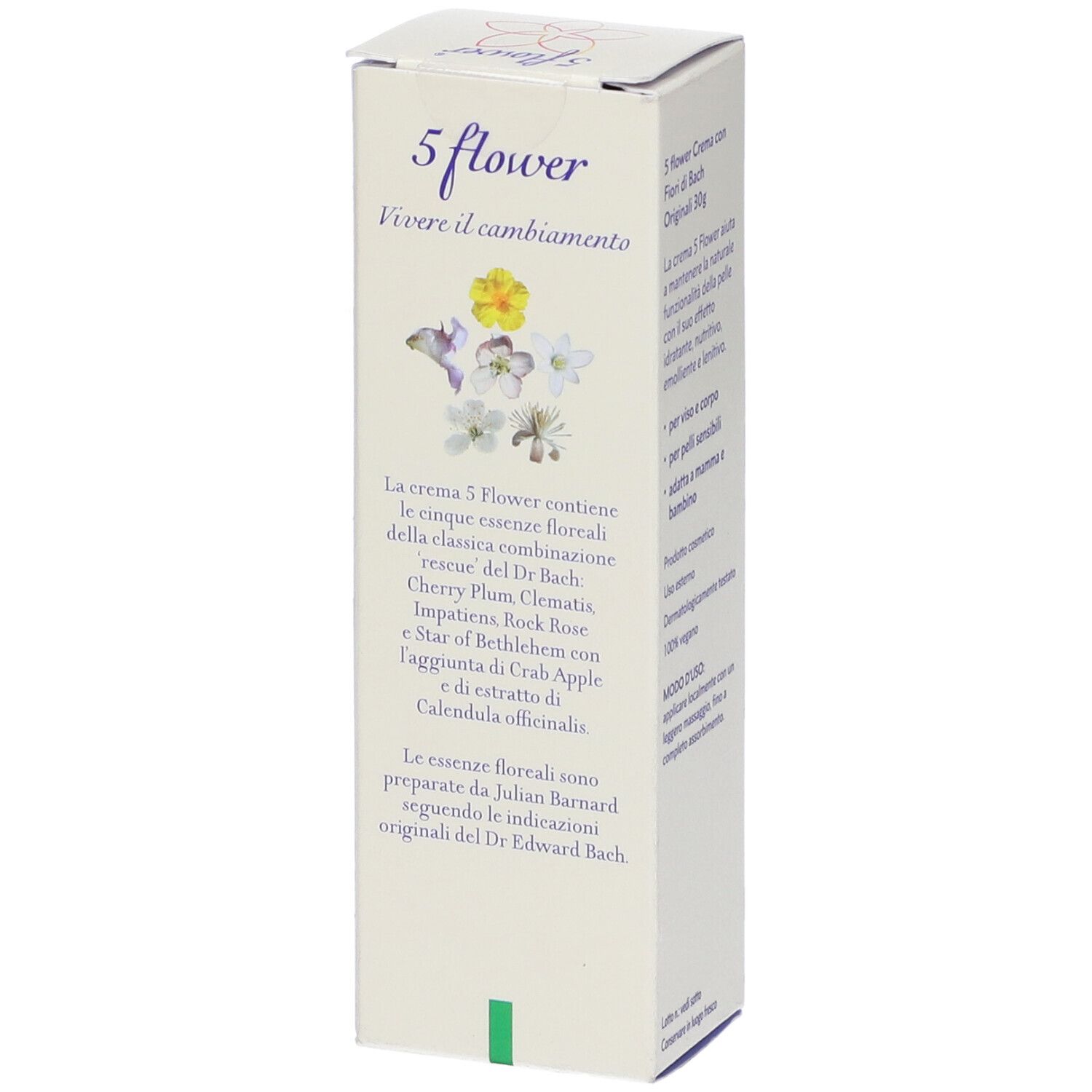 Scatola con informazioni sul prodotto. Testo: 5 flower, Vivre il cambiamento. Contiene 5 essenze di fiori di Bach. Vegano. Prodotto da Dr. Edward Bach.