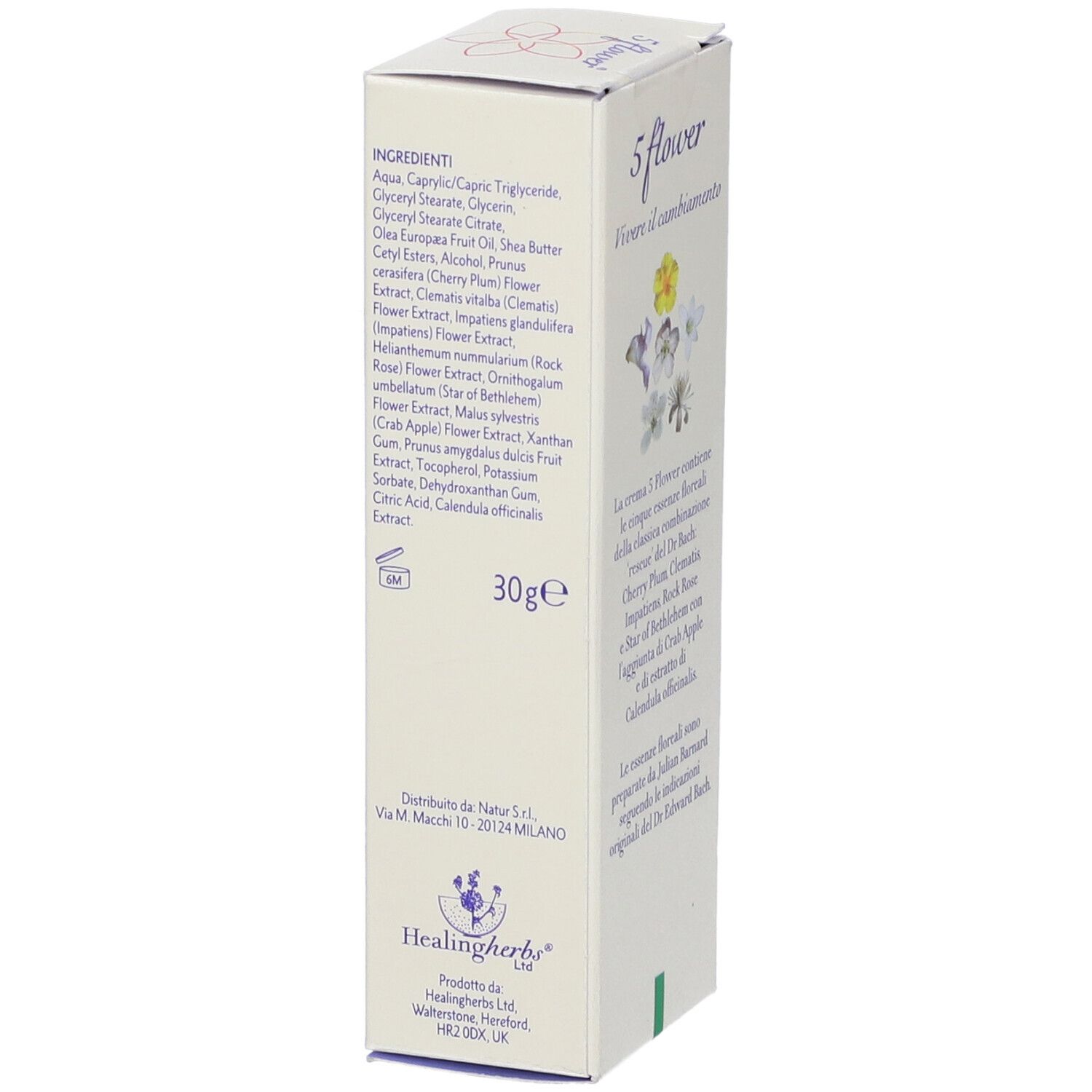 Scatola con ingredienti e informazioni sul produttore. Testo: Aqua, Caprylic/Capric Triglyceride, Glicerina, Glyceryl Stearate, ecc. 30g. Vegano.