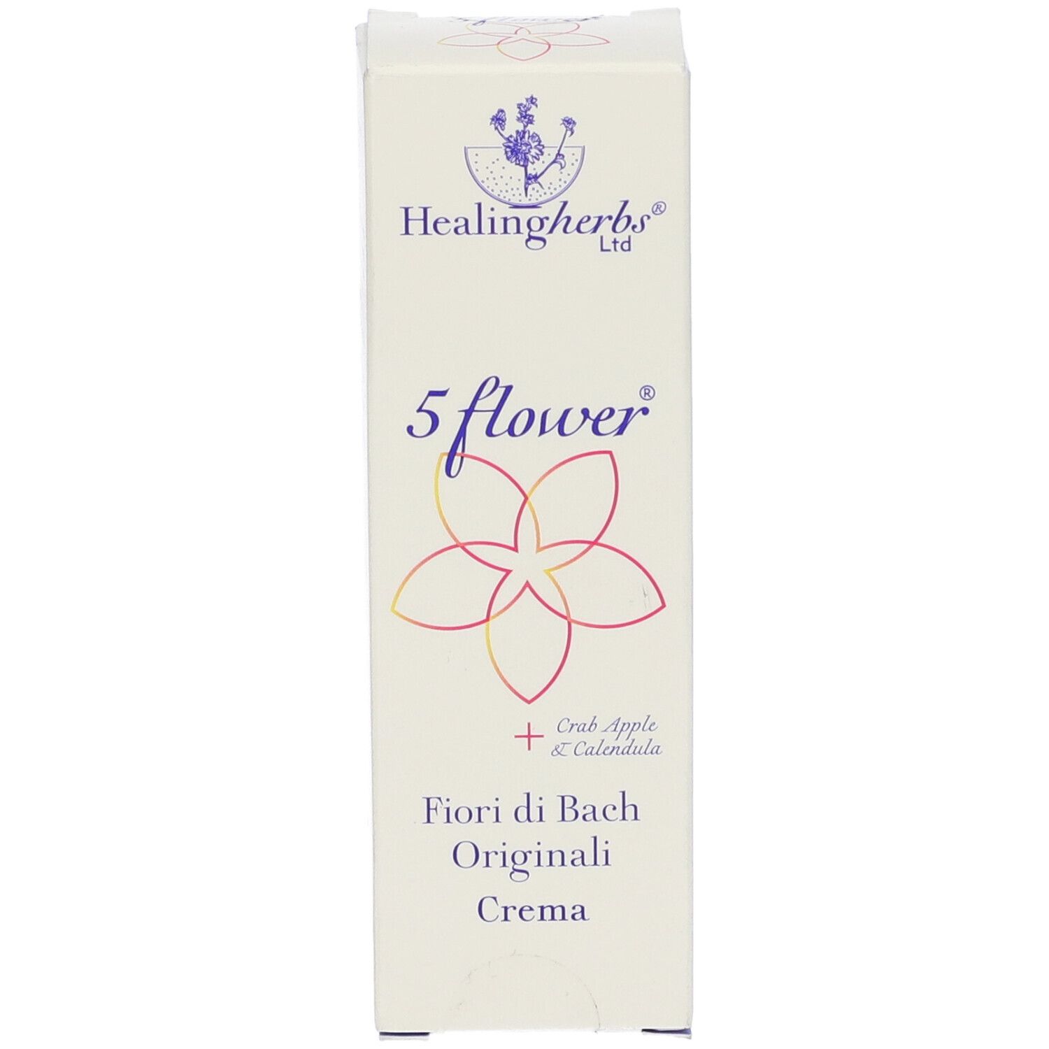 Scatola con stampa del prodotto. In alto: logo Healingherbs. Centro: 5 flower, fiore, Fiori di Bach Originali Crema. In basso: nome del prodotto.