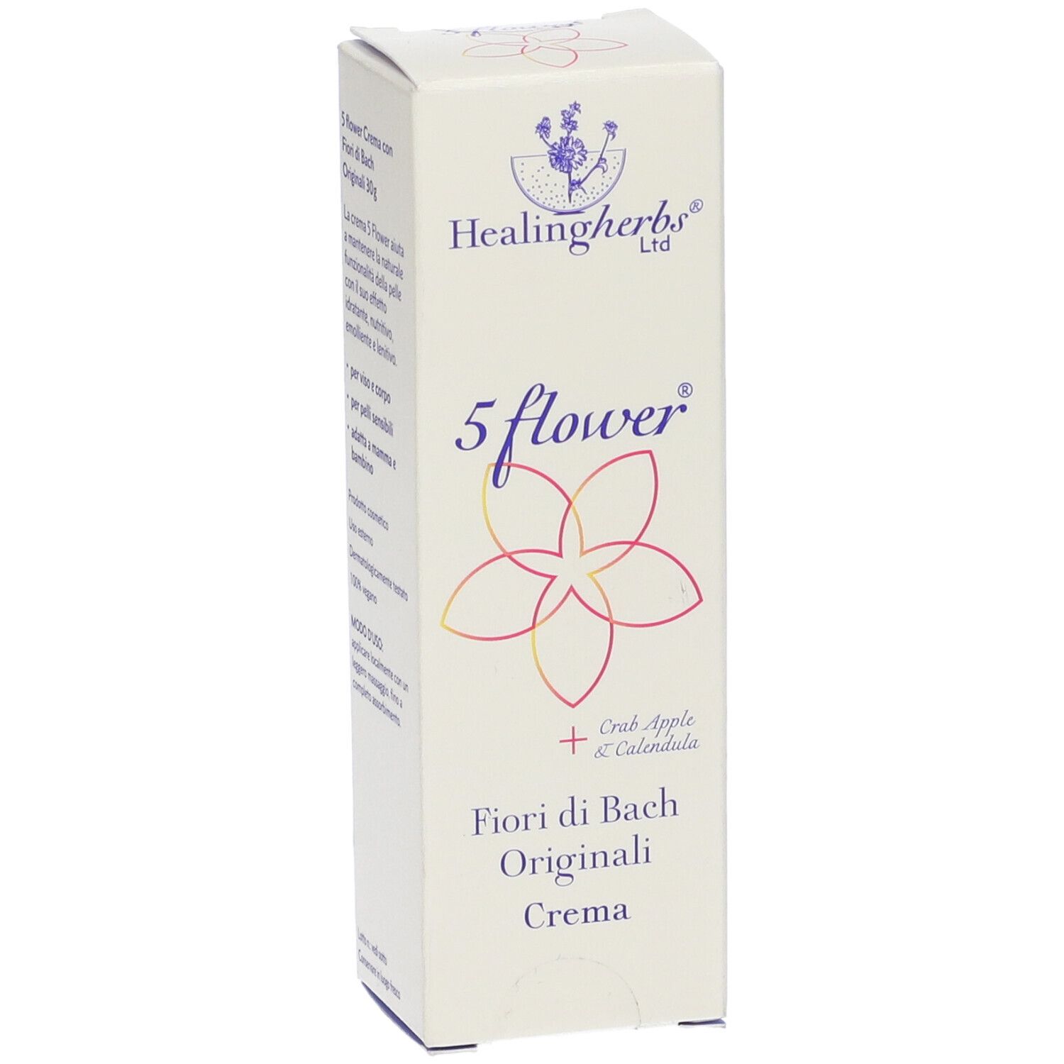 Scatola con stampa del prodotto. In alto: logo Healingherbs. Centro: 5 flower, fiore, Fiori di Bach Originali Crema. In basso: nome del prodotto.