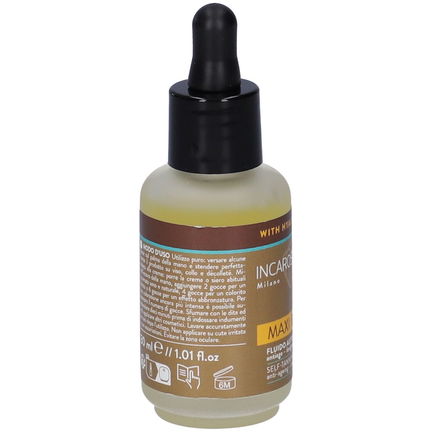 Retro del flacone con testo. Scritta: Fluido Autoabbronzante, 30 ml, 1.01 fl.oz. Con istruzioni e avvertenze.